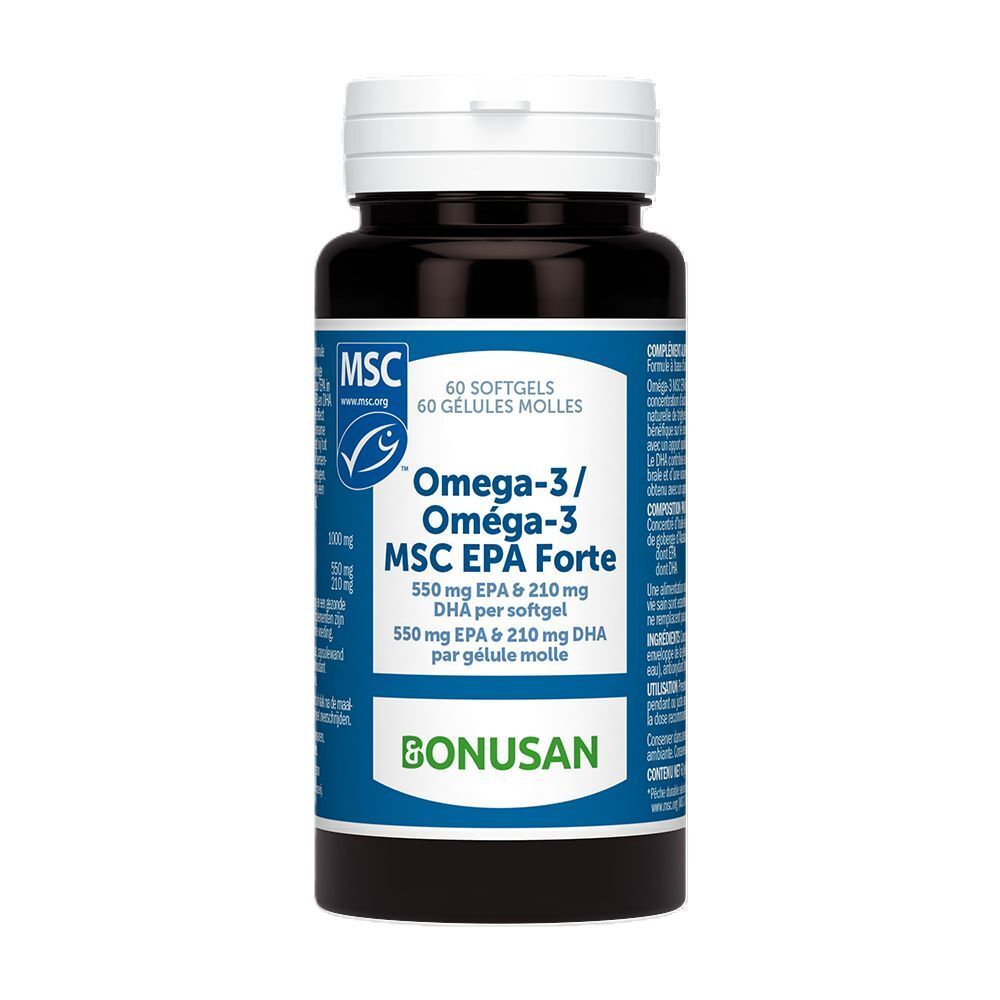 Flacon noir avec capsules Oméga-3 MSC EPA Forte. Étiquette bleue avec informations produit et logo MSC.