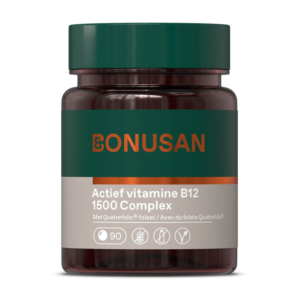 Flacon marron, bouchon vert. Inscription: Actief vitamine B12 1500 Complex, Bonusan. 90 comprimés.