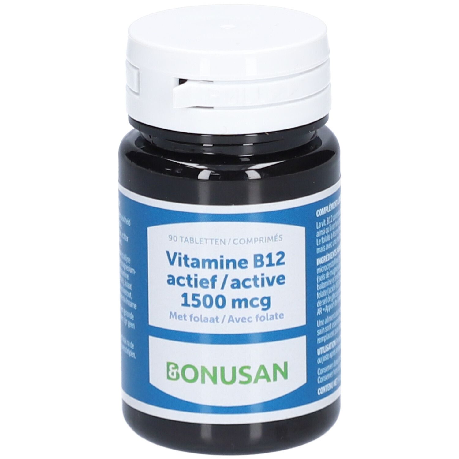 Flacon foncé, bouchon blanc. Inscription: Vitamine B12 actief/active 1500 mcg, Bonusan. 90 comprimés.