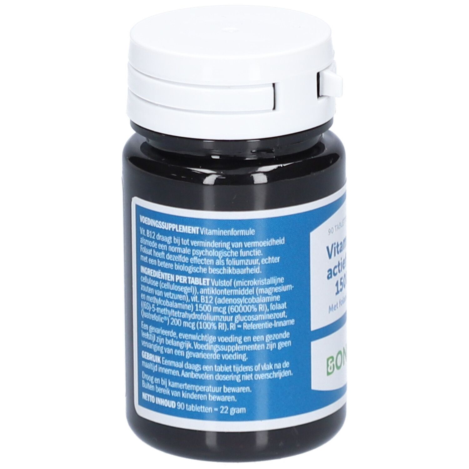 Flacon foncé, bouchon blanc. Dos avec informations nutritionnelles et ingrédients. 90 comprimés, 22 grammes.
