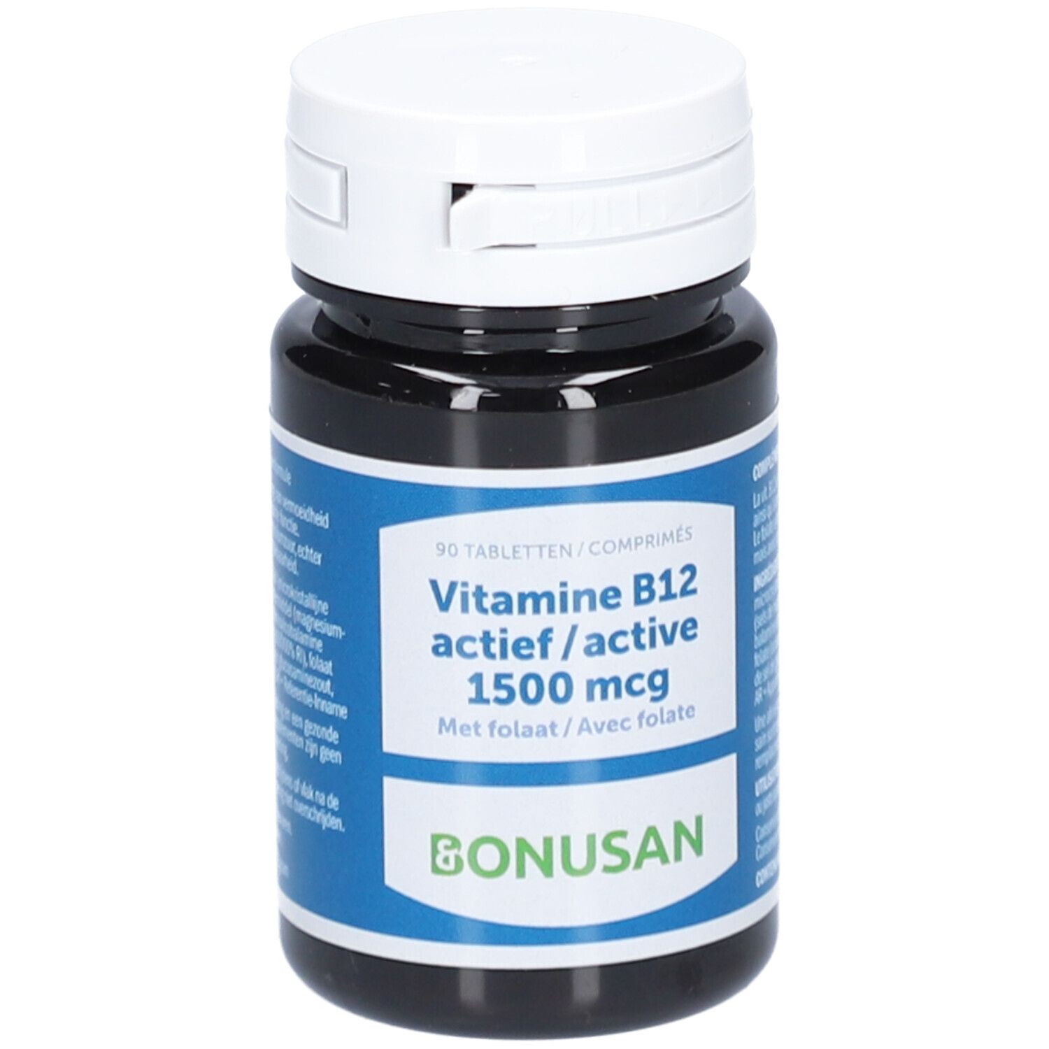 Flacon foncé, bouchon blanc. Inscription: Vitamine B12 actief/active 1500 mcg, Bonusan. 90 comprimés.