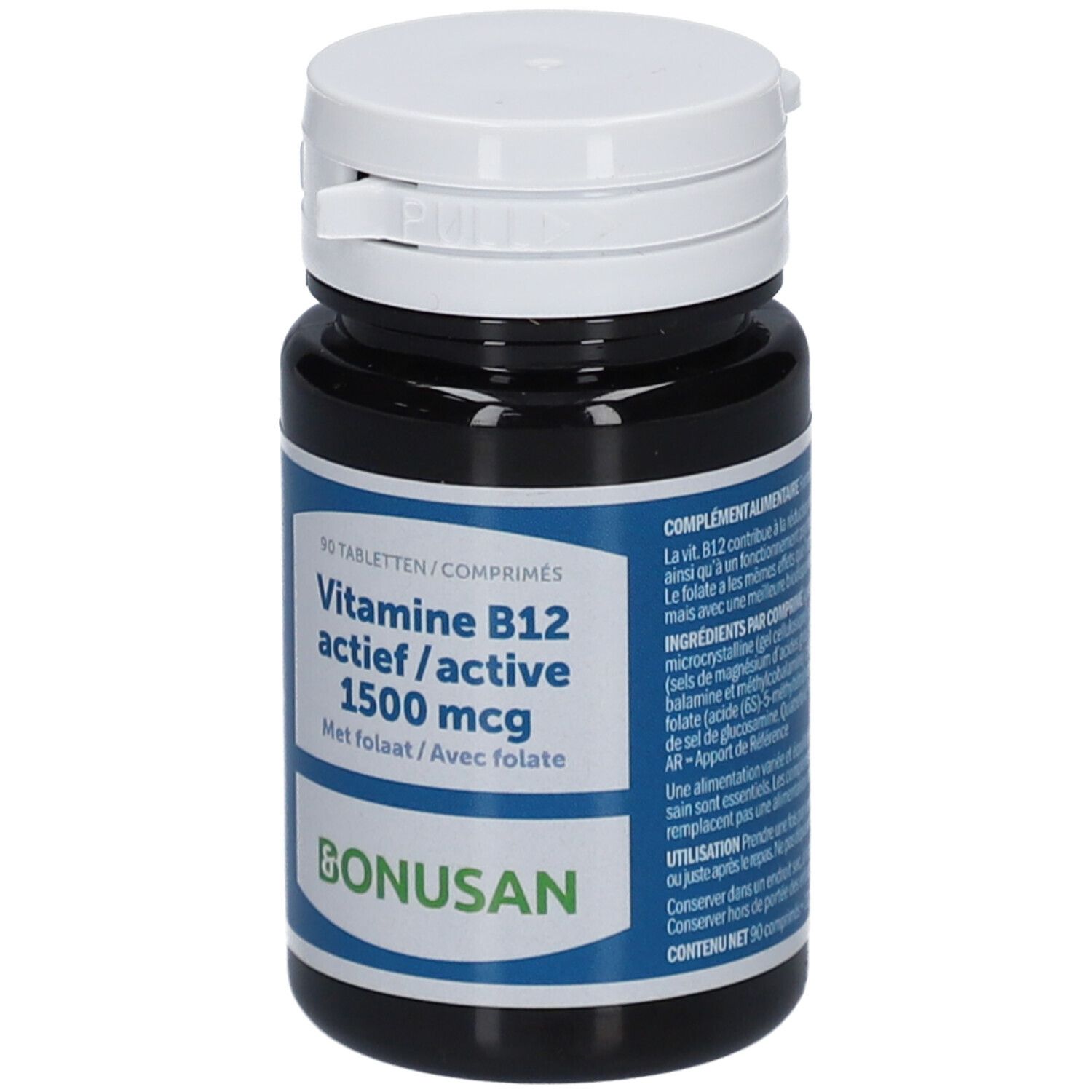 Flacon foncé, bouchon blanc. Inscription: Vitamine B12 actief/active 1500 mcg, Bonusan. 90 comprimés.