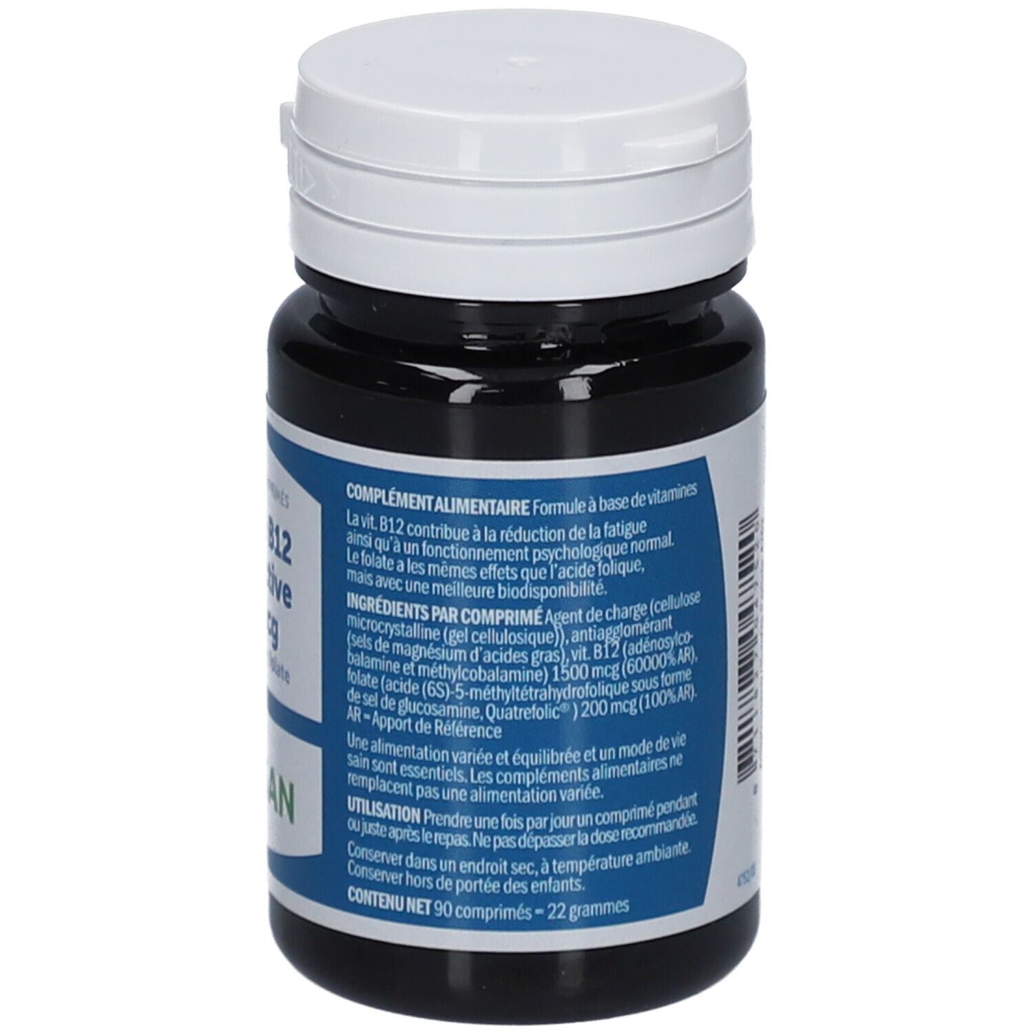 Flacon foncé, bouchon blanc. Dos avec informations nutritionnelles et ingrédients. 90 comprimés, 22 grammes.