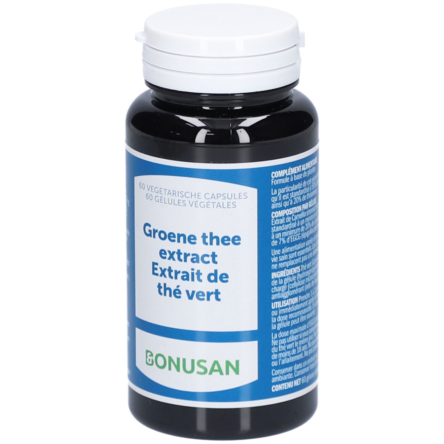 Dunkle Flasche mit weißem Deckel. Aufschrift: Groene thee extract, Extrait de thé vert. Marke: Bonusan.