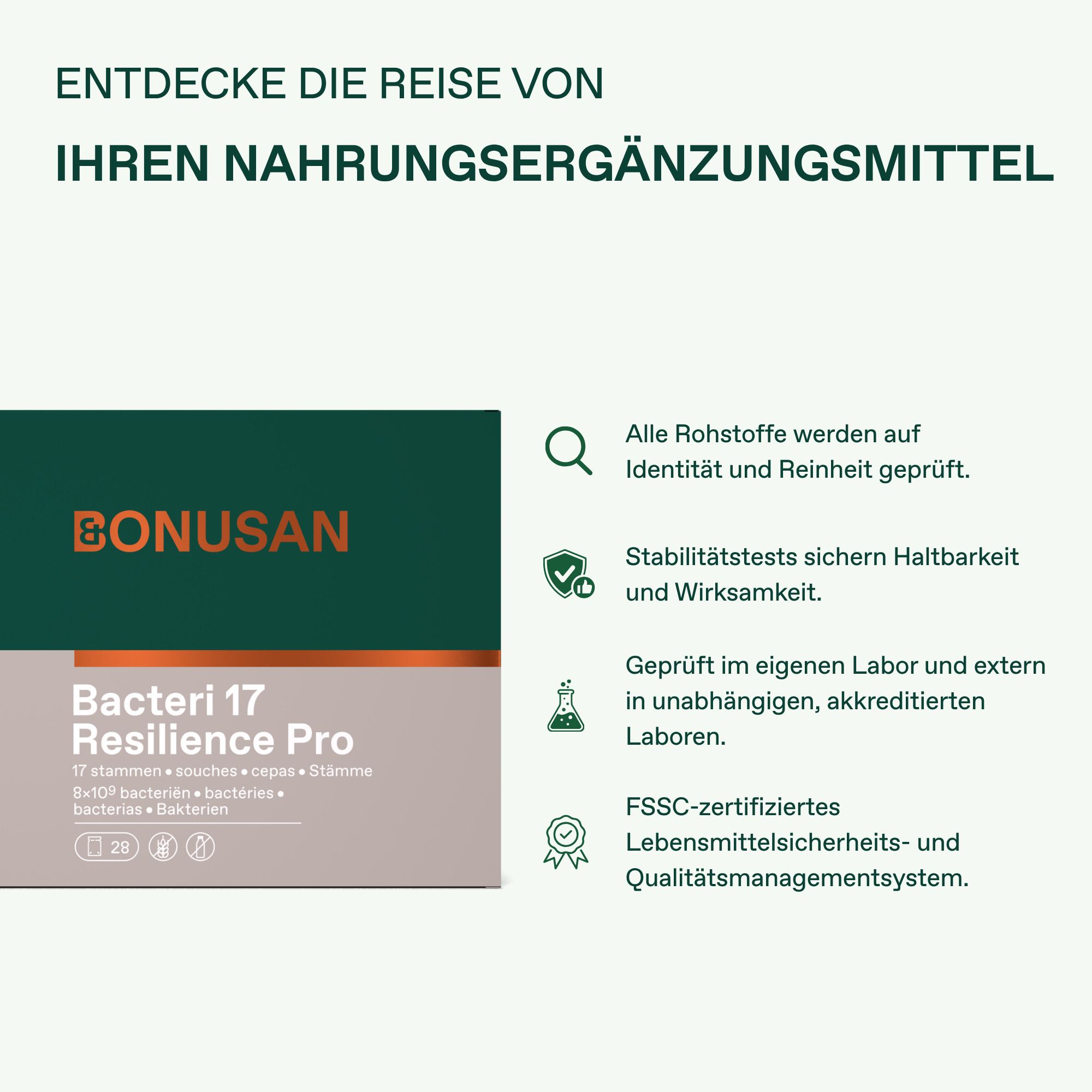 Produktverpackung mit dem Titel 'Bacteri 17 Resilience Pro' und Informationen zu Stämmen.