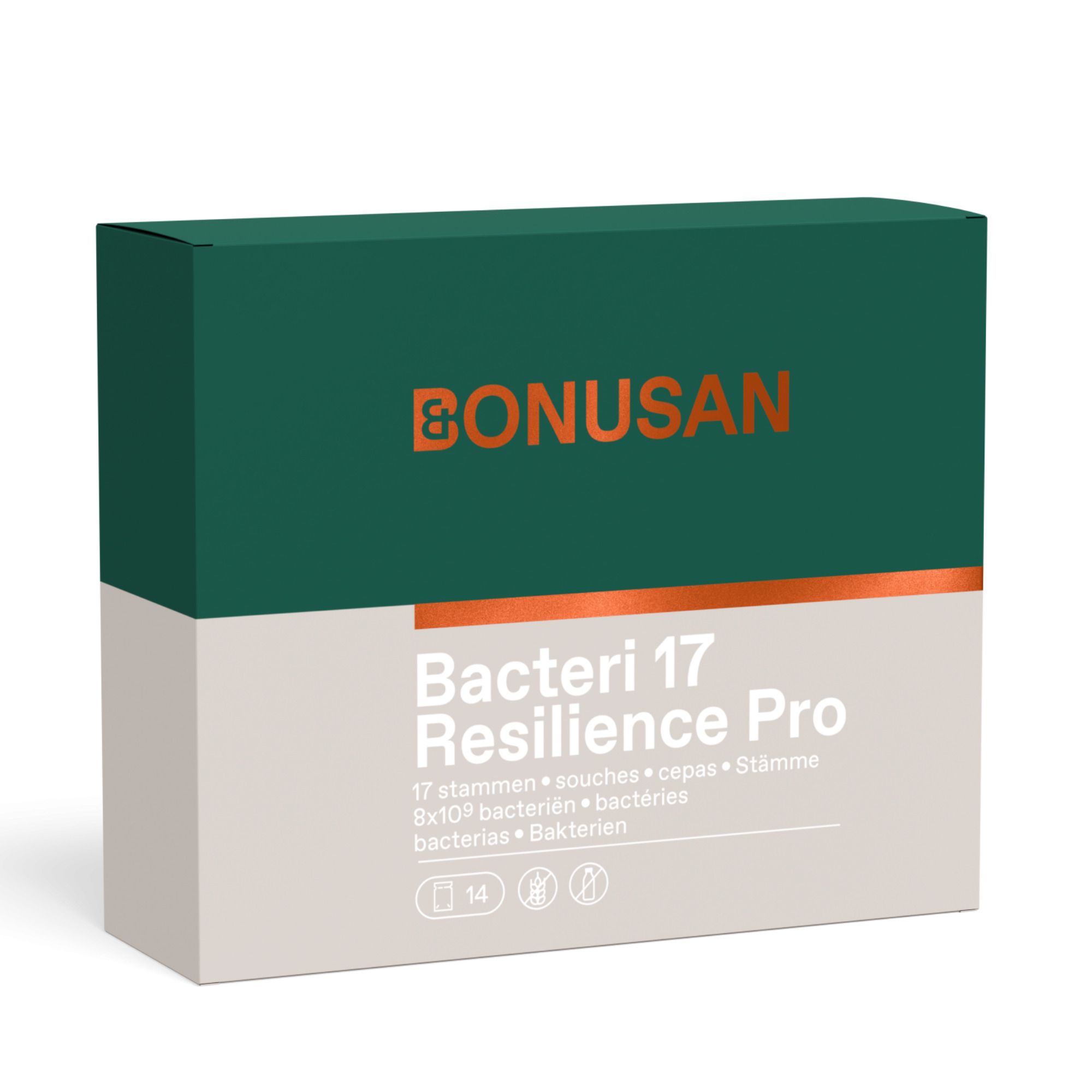 Bonusan Bacteri 17 Resilience Pro Karton, Vorderseite mit deutscher Beschriftung.