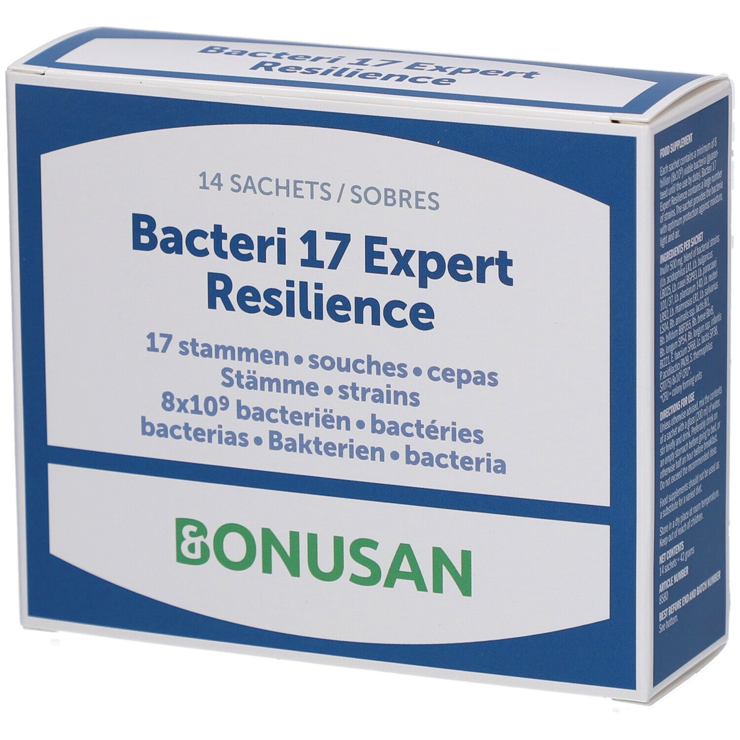 Karton mit "Bacteri 17 Expert Resilience" und "Bonusan" Logo. Enthält 14 Sachets.