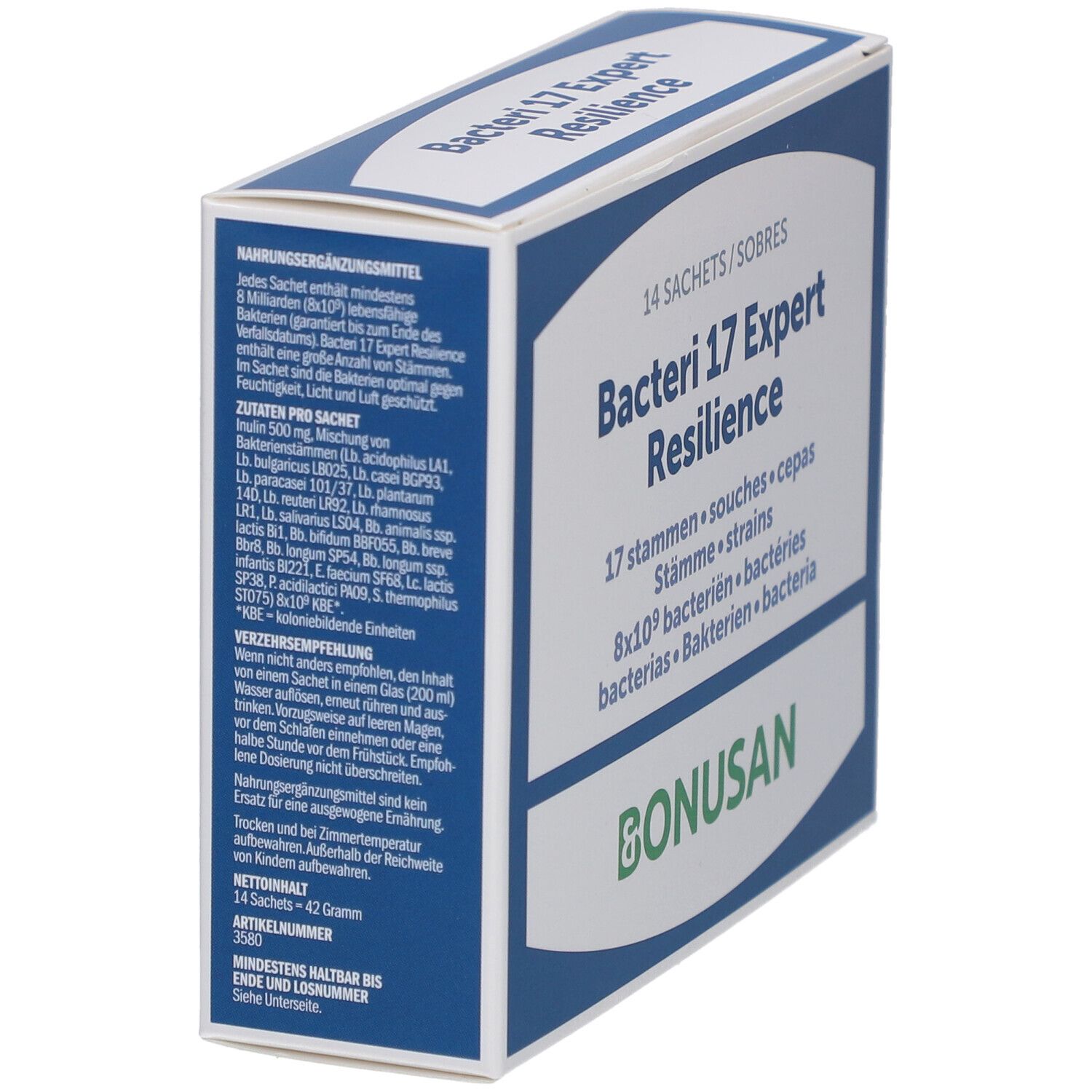 Schrägansicht der Produktverpackung. Text: "Bacteri 17 Expert Resilience", "Bonusan".