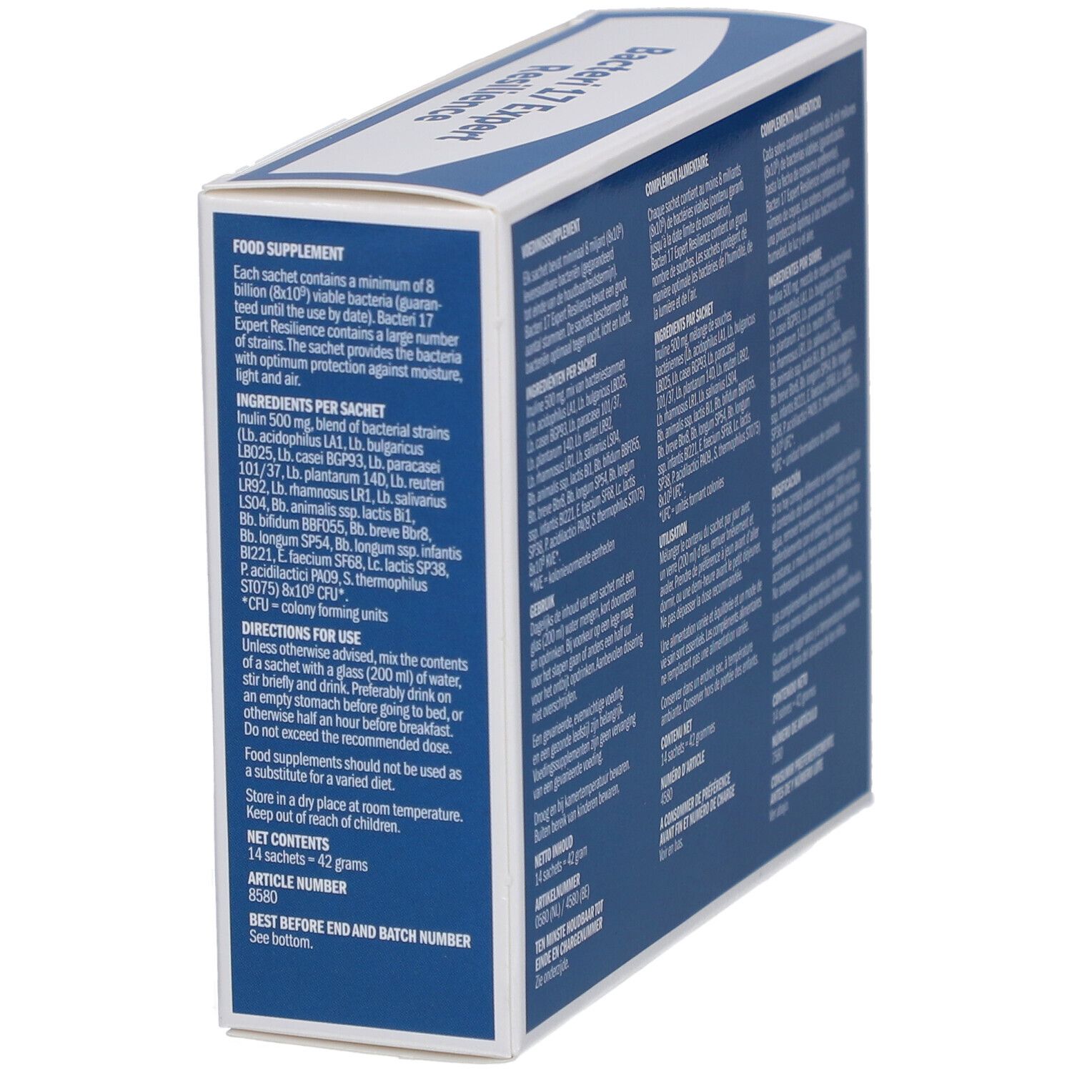 Seitenansicht der Verpackung. Text in mehreren Sprachen. Enthält 14 Sachets.
