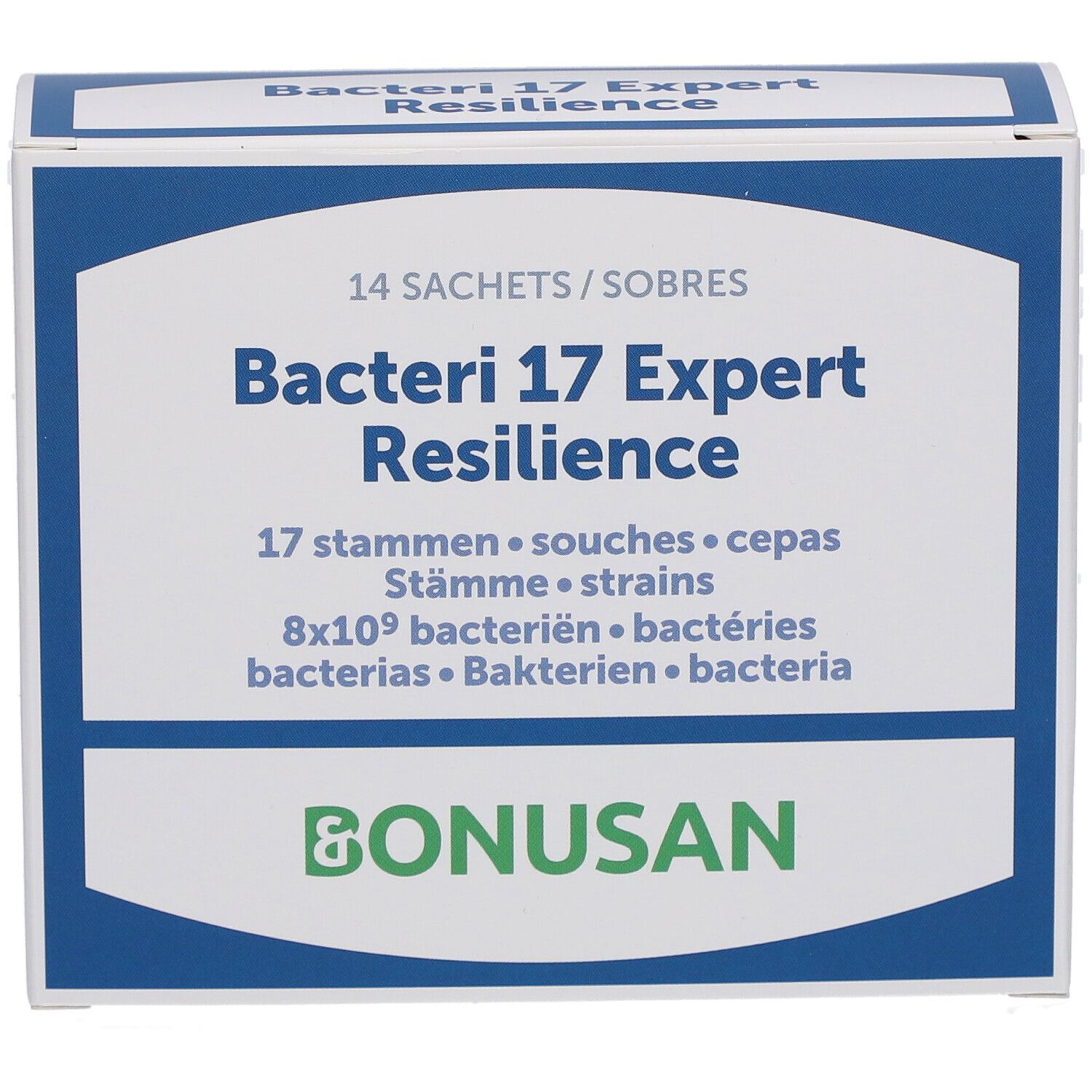 Produktverpackung mit Text: "Bacteri 17 Expert Resilience", "Bonusan". 14 Sachets.