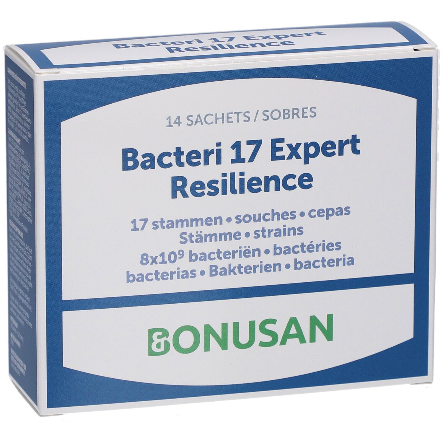 Produktverpackung mit Text: "Bacteri 17 Expert Resilience", "Bonusan". 14 Sachets.