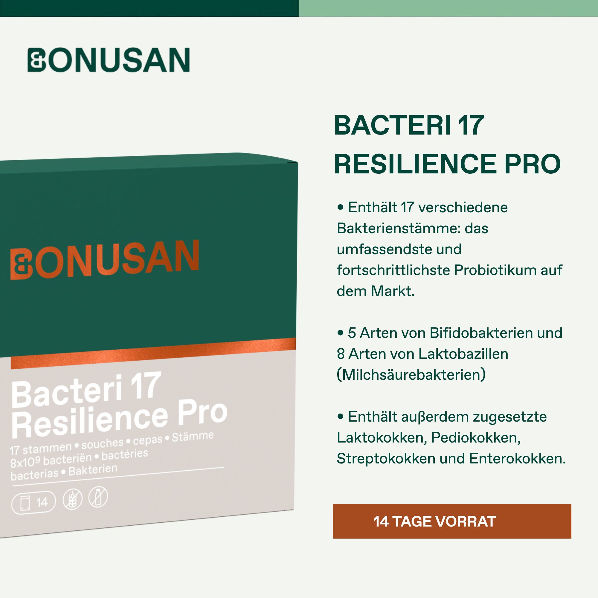 Bonusan Bacteri 17 Resilience Pro Karton, Rückseite mit deutschen Informationen.