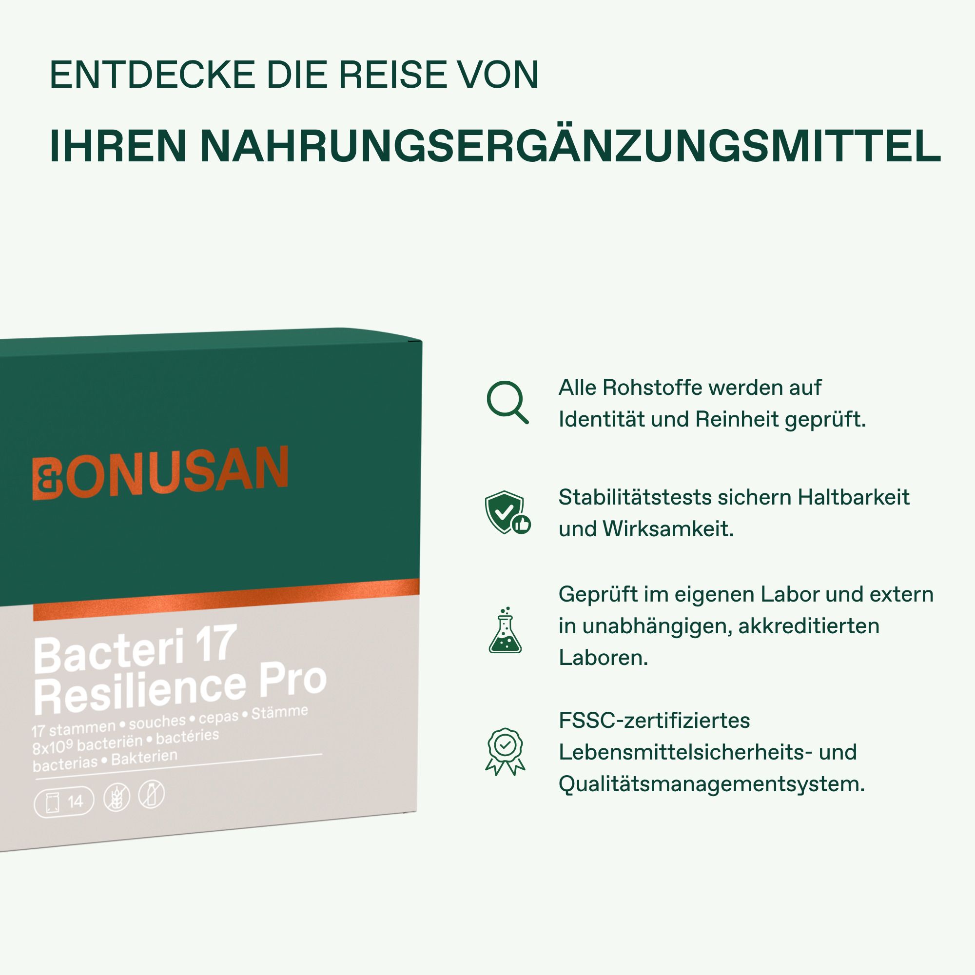 Bonusan Bacteri 17 Resilience Pro Karton, Vorderseite mit deutschem Produktnamen, leicht schräg.