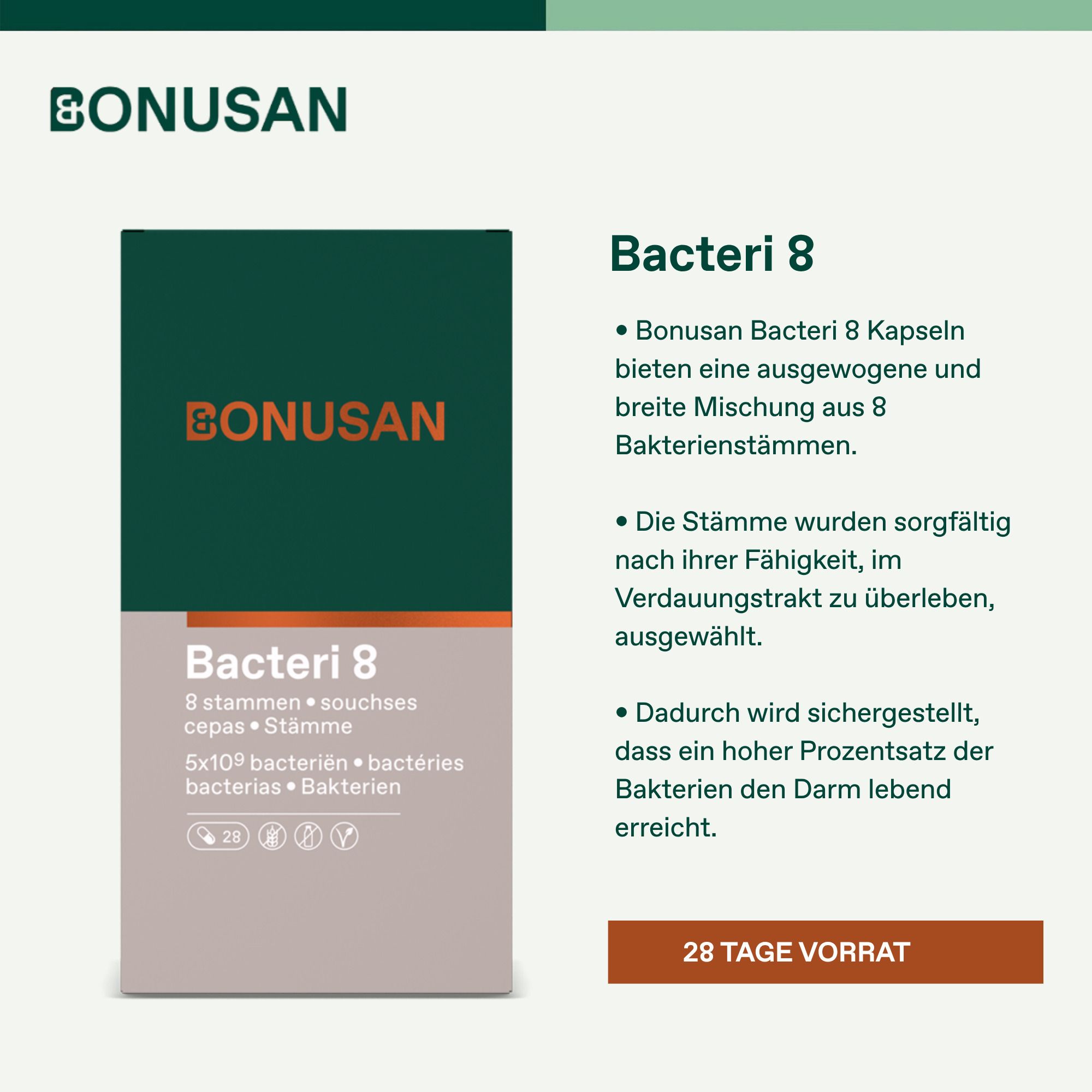 Bonusan Bacteri 8 Kapseln: 8 Bakterienstämme, 5x10⁹ KVE pro Kapsel. 28 Tage Vorrat.