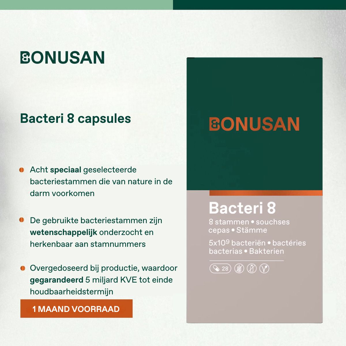 Bonusan Bacteri 8 Kapseln: 8 Bakterienstämme, 5x10⁹ KVE pro Kapsel. 28 Tage Vorrat.