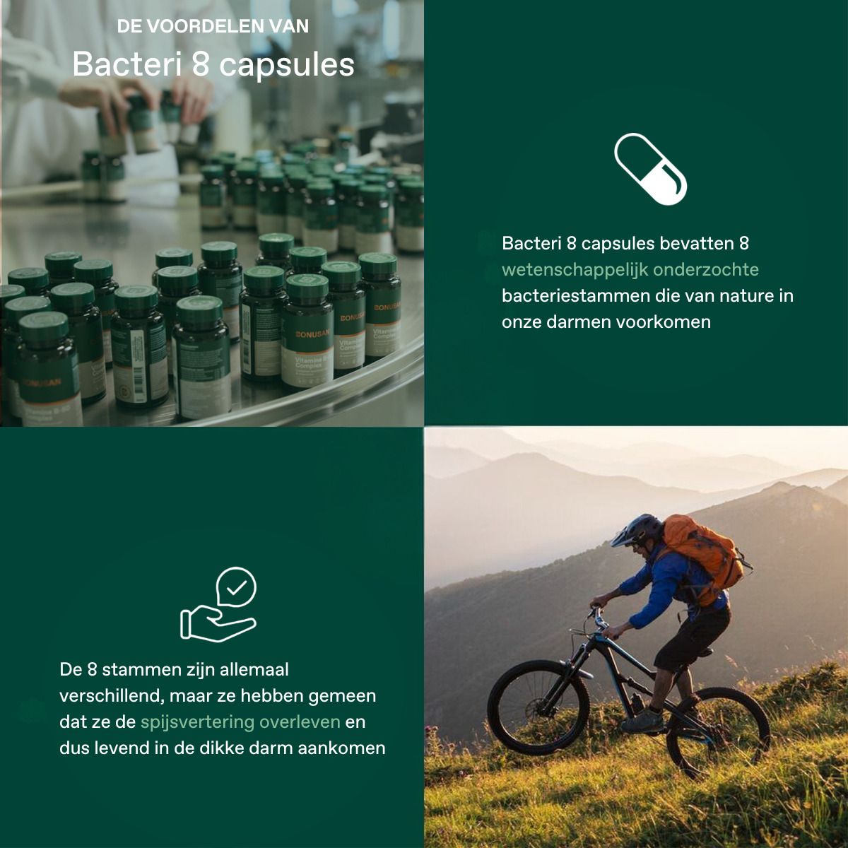 Bonusan Bacteri 8 Kapseln: 8 wissenschaftlich erforschte Bakterienstämme. Überleben der Verdauung.
