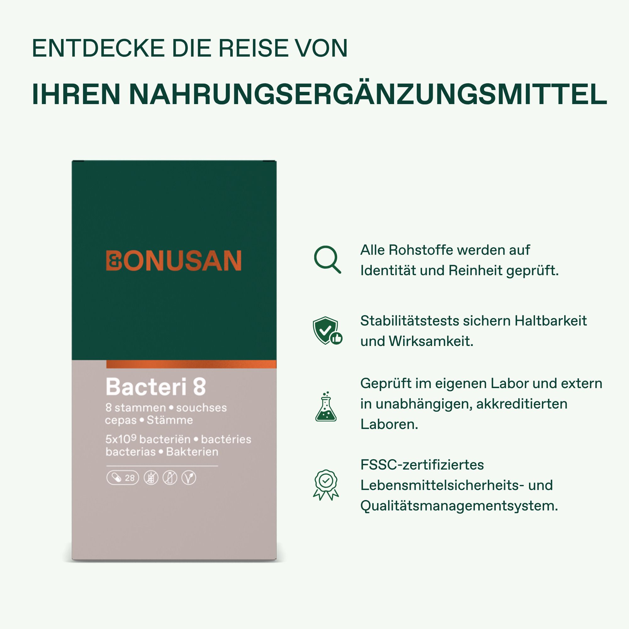 Bonusan Bacteri 8 Kapseln: 8 Bakterienstämme, 5x10⁹ KVE pro Kapsel. 28 Tage Vorrat.