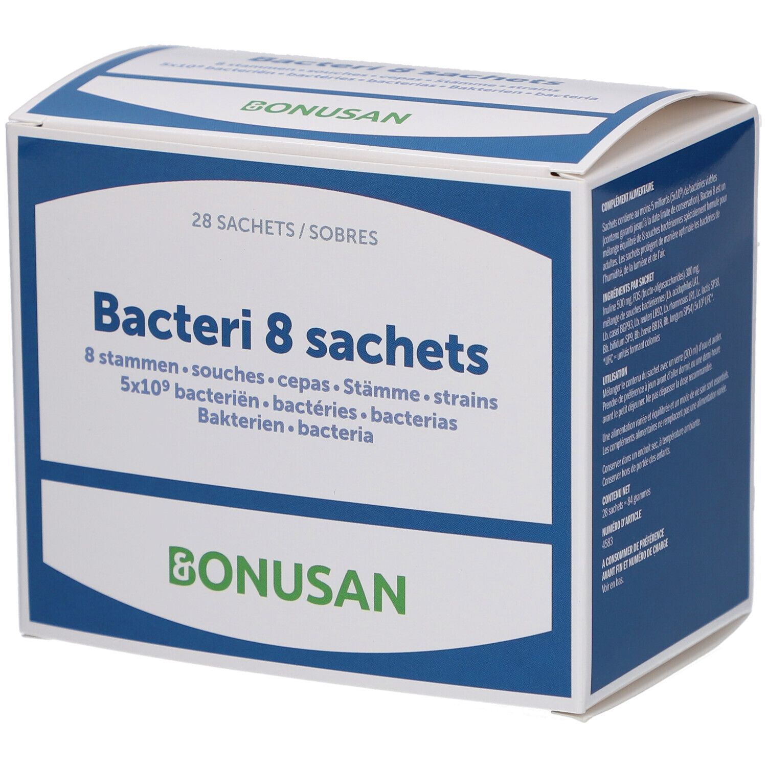 Bonusan Bacteri 8, Karton mit 28 Sachets. Blaue und weiße Verpackung mit Produktinformationen und Logo.