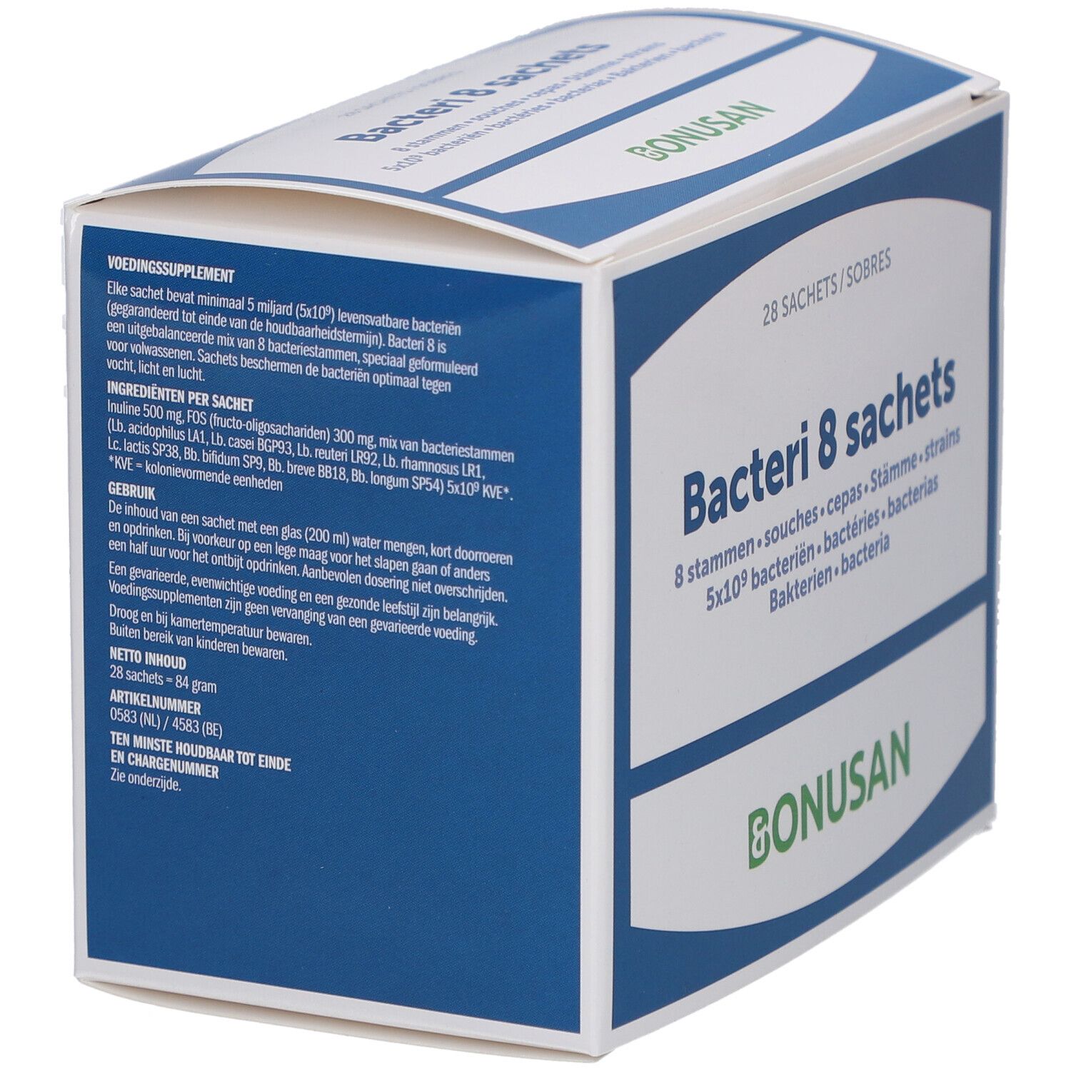 Rückseite der Bonusan Bacteri 8 Verpackung. Enthält Produktinformationen in verschiedenen Sprachen und das Bonusan Logo.
