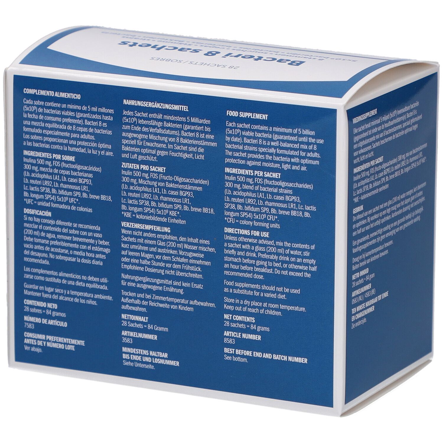 Rückseite der Bonusan Bacteri 8 Verpackung. Enthält Produktinformationen in verschiedenen Sprachen und das Bonusan Logo.