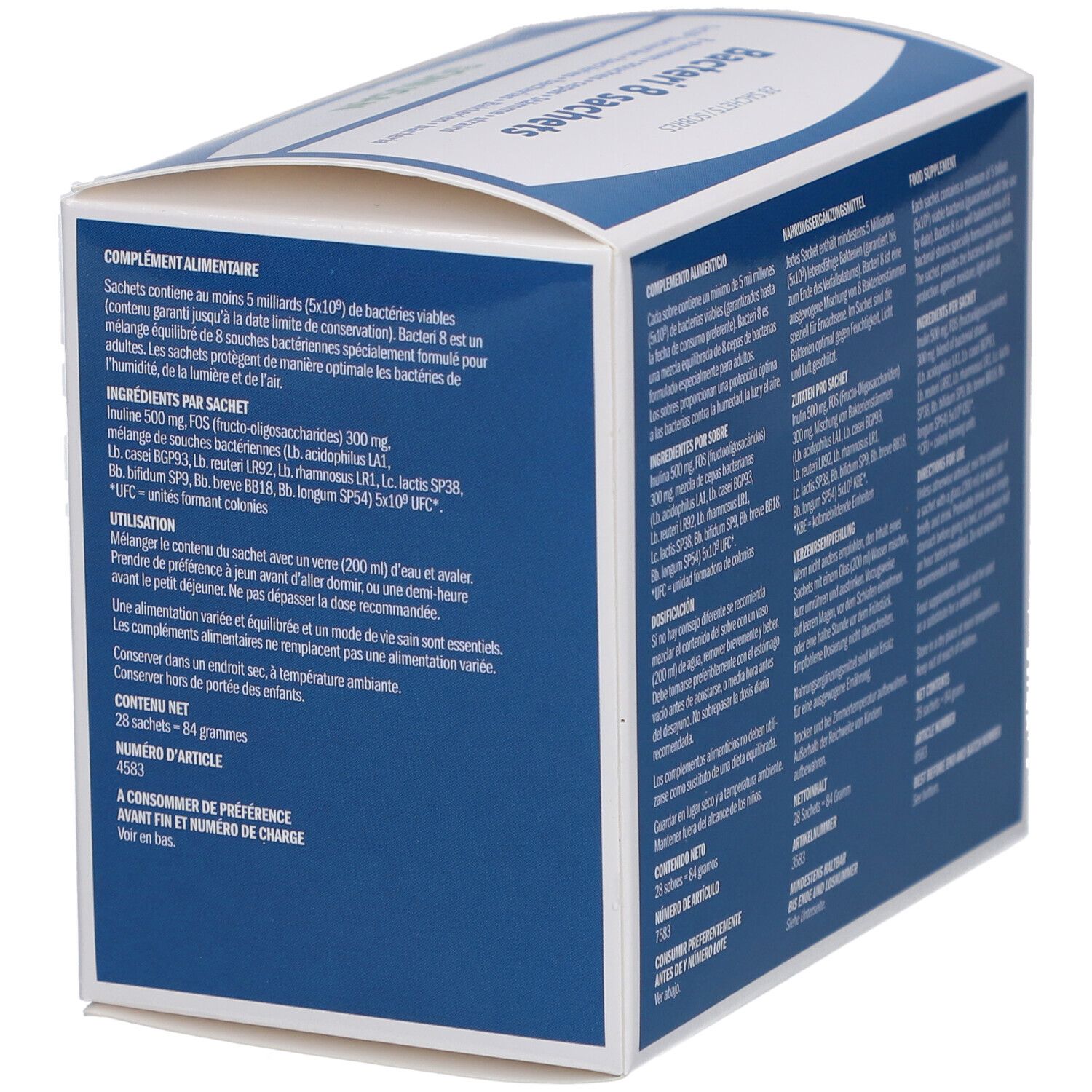 Rückseite der Bonusan Bacteri 8 Verpackung. Enthält Produktinformationen in verschiedenen Sprachen und das Bonusan Logo.
