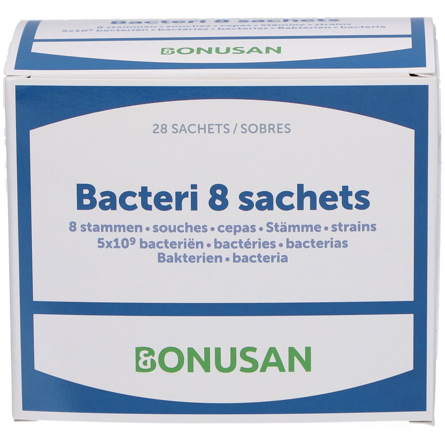 Bonusan Bacteri 8, Karton mit 28 Sachets. Blaue und weiße Verpackung mit Produktinformationen und Logo.
