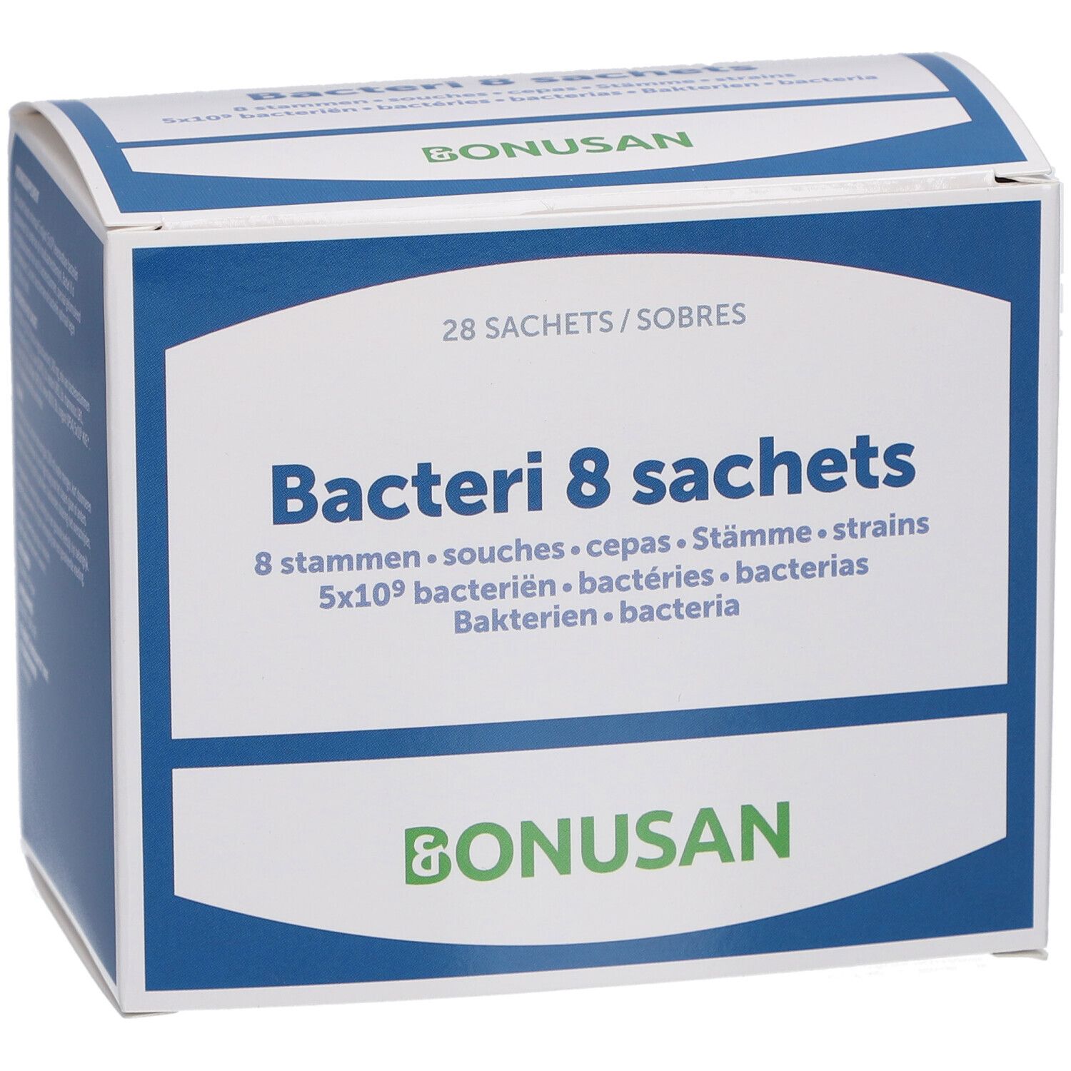 Bonusan Bacteri 8, Karton mit 28 Sachets. Blaue und weiße Verpackung mit Produktinformationen und Logo.