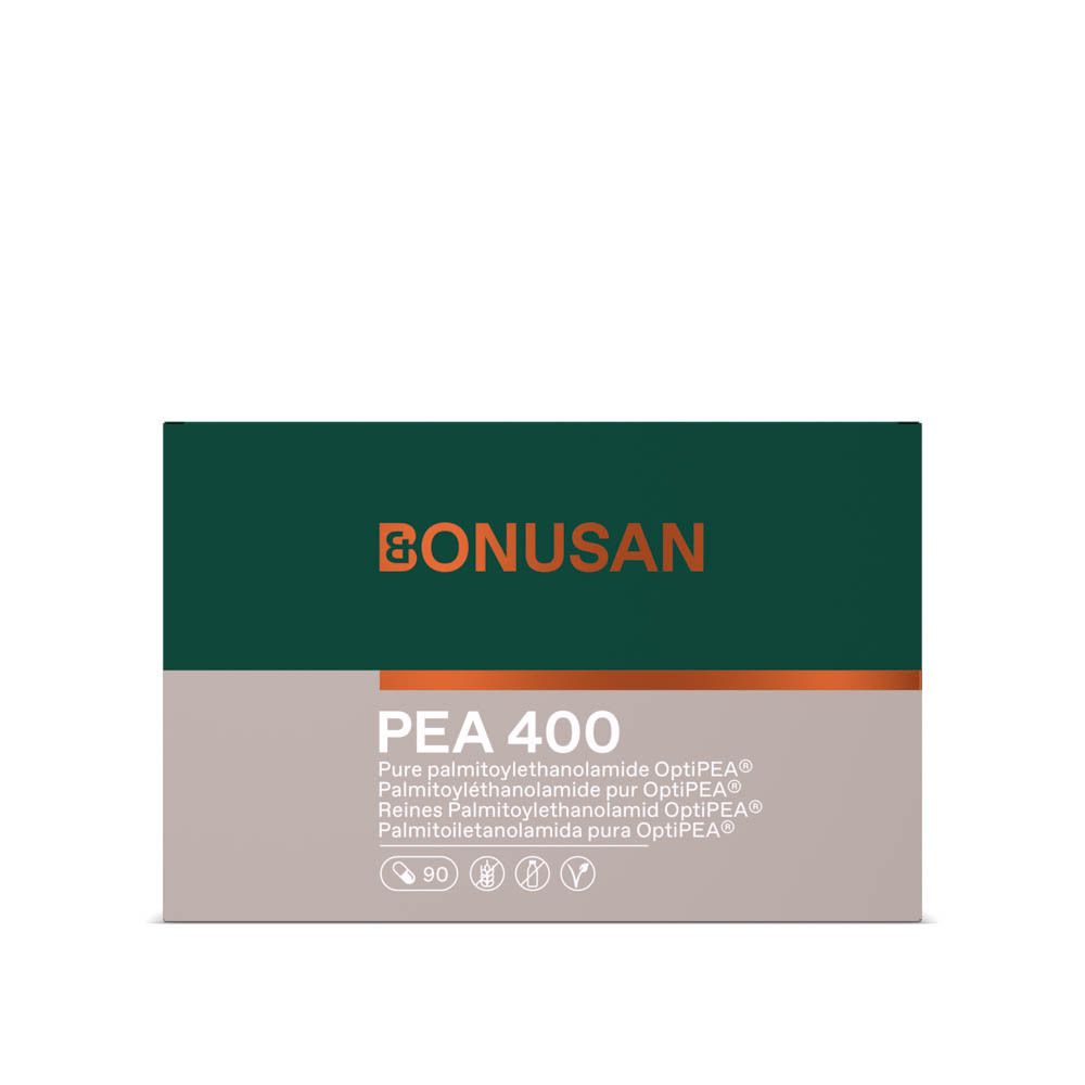 Groen en grijs doosje met PEA 400. Opschrift: 90 capsules, Bonusan-logo.