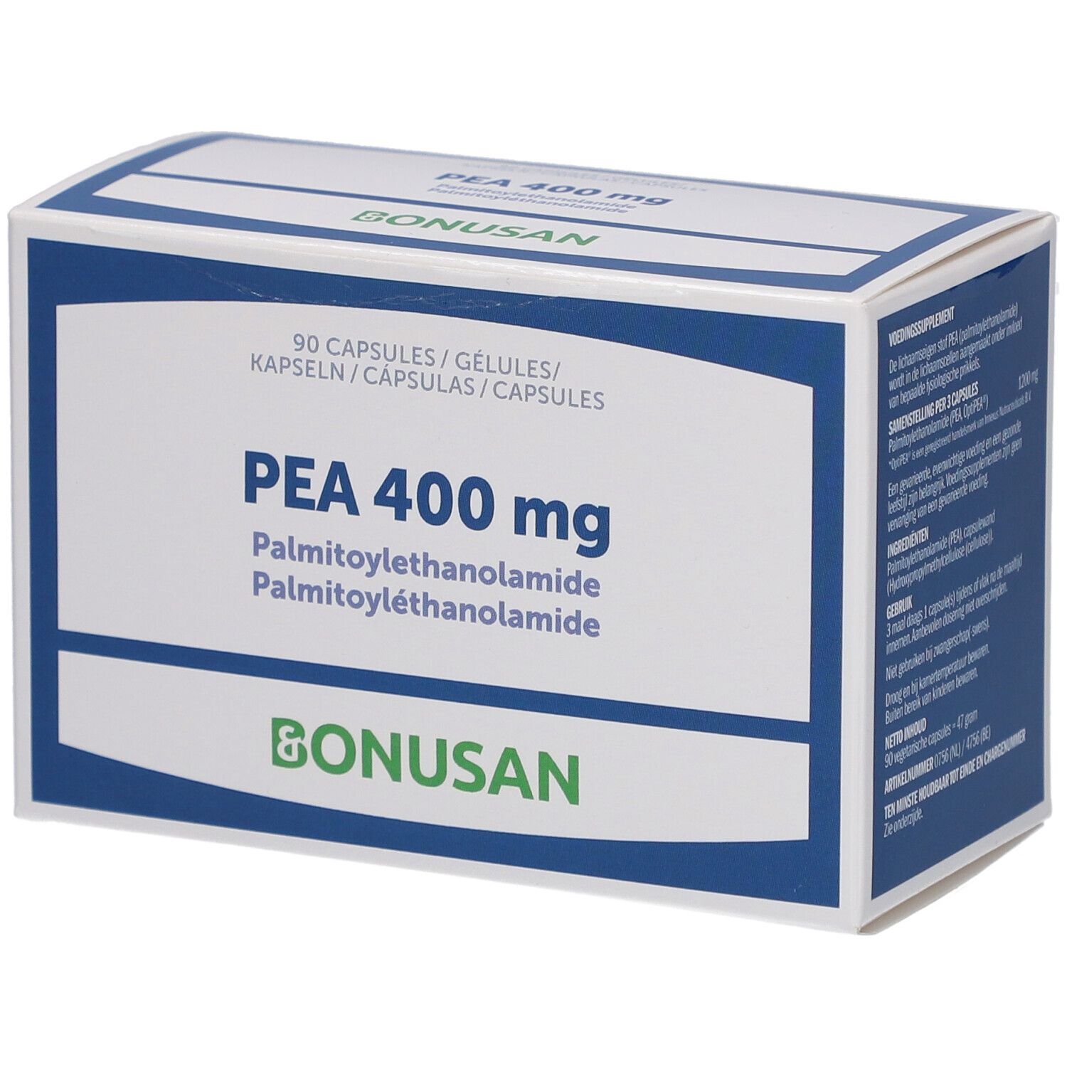 Wit en blauw doosje met PEA 400 mg. Opschrift: 90 capsules, Bonusan-logo.