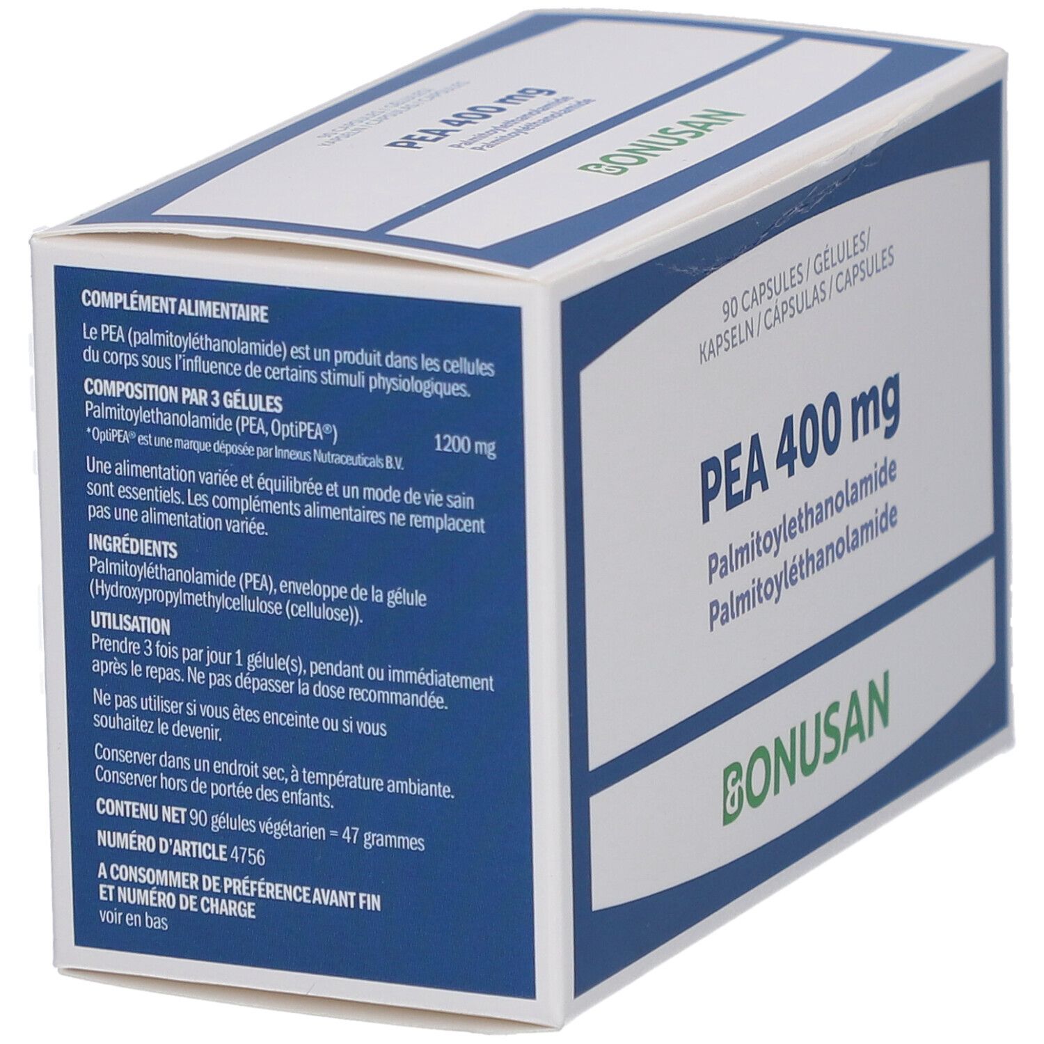 Doosje met PEA 400 mg. Tekst: 90 capsules, ingrediënten, dosering, Bonusan-logo.