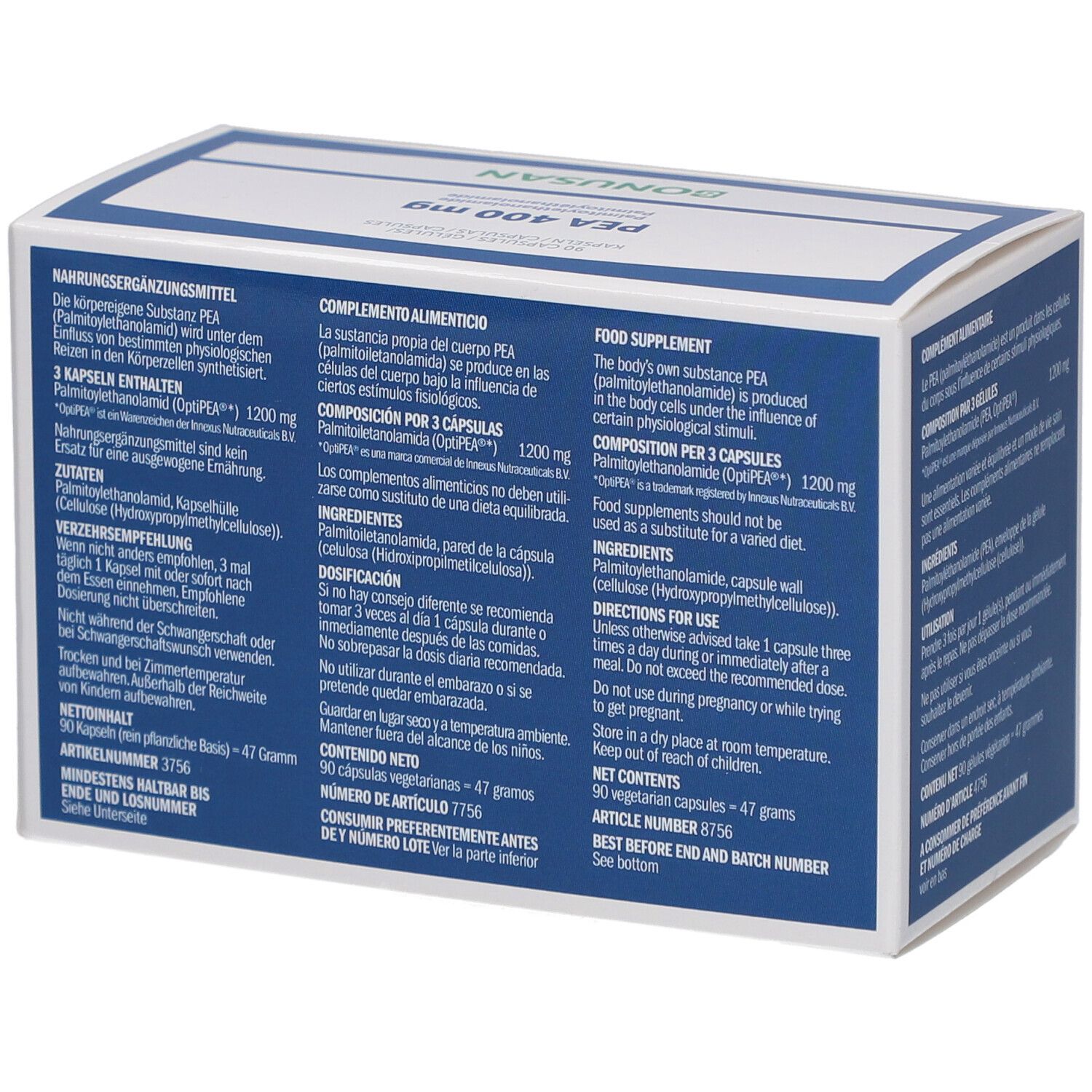 Doosje met PEA 400 mg. Achterkant met meertalige tekst, Bonusan-logo.