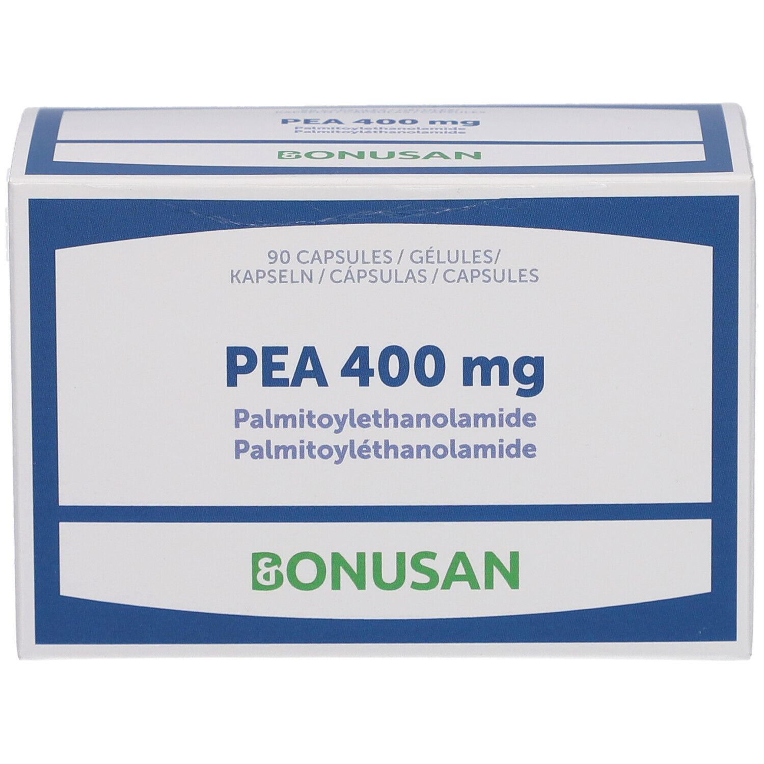 Wit en blauw doosje met PEA 400 mg. Opschrift: 90 capsules, Bonusan-logo.