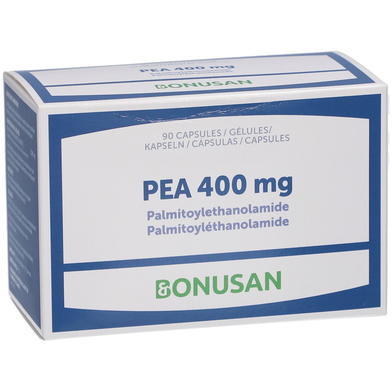 Wit en blauw doosje met PEA 400 mg. Opschrift: 90 capsules, Bonusan-logo.