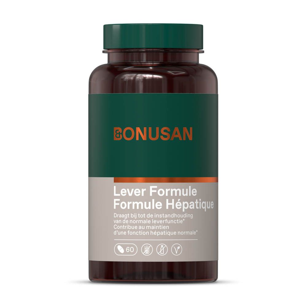 Bruine fles met groene dop. Etiket met tekst: Lever Formule Hépatique, Bonusan. 60 tabletten.
