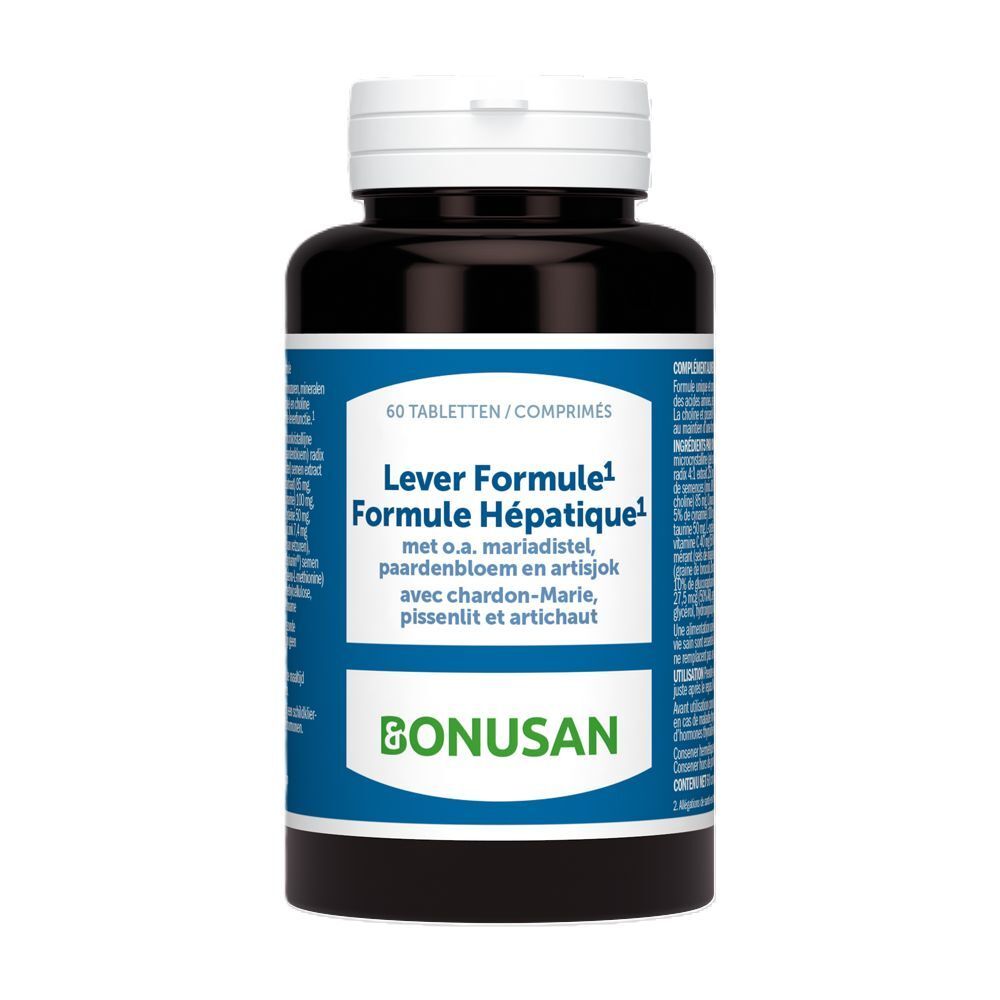Donkere fles met witte dop. Blauw etiket met tekst: Lever Formule Hépatique, Bonusan. 60 tabletten.