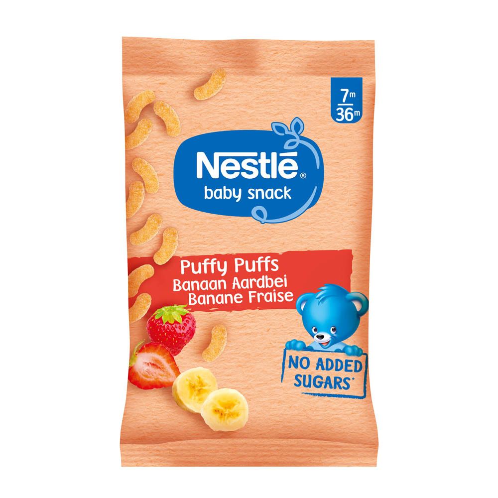 Sachet Nestlé Baby snack. Inscription Puffy Puffs Banane Fraise. Illustration fraise, rondelles de banane et puffs. Sans sucres ajoutés.