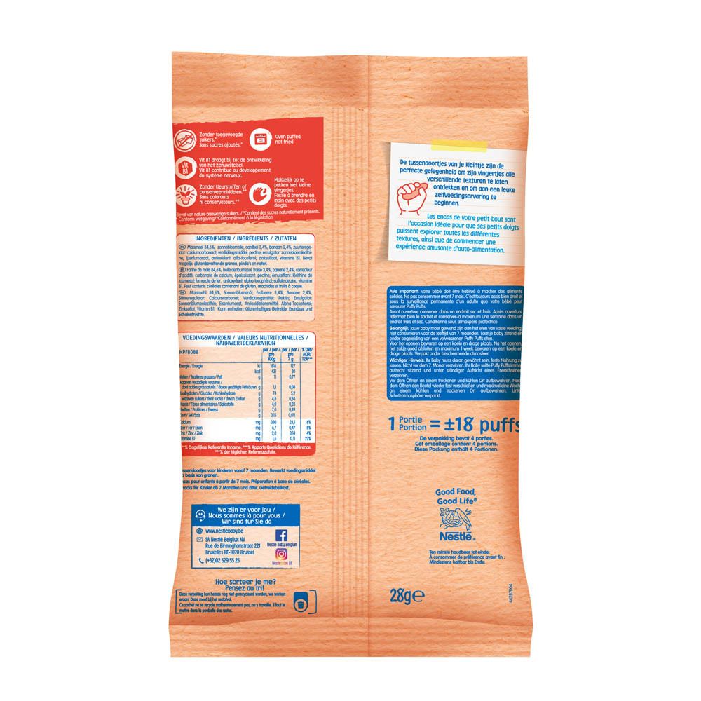 Dos du sachet Nestlé Baby snack. Contient informations nutritionnelles, liste des ingrédients et coordonnées. 28g.