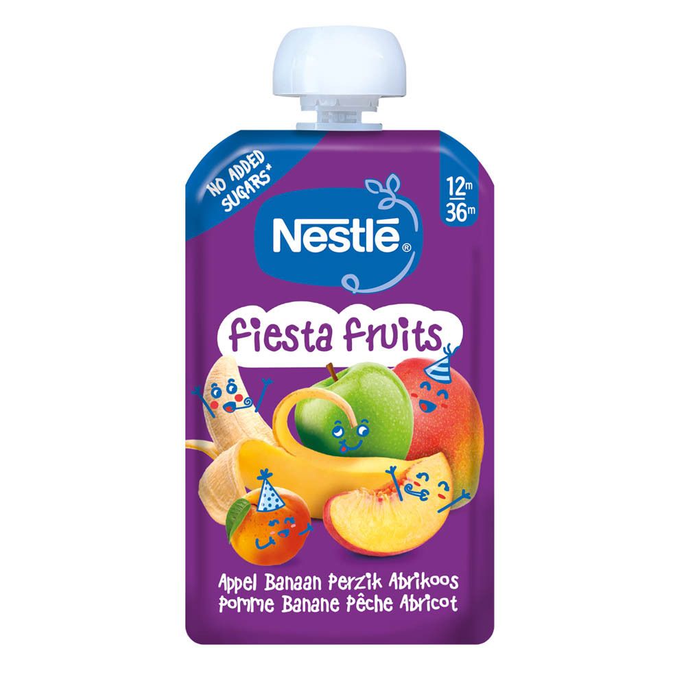 Nestlé Fiesta Fruits knijpzakje met fruit. Opdruk: appel, banaan, perzik, abrikoos. Met schroefdop.