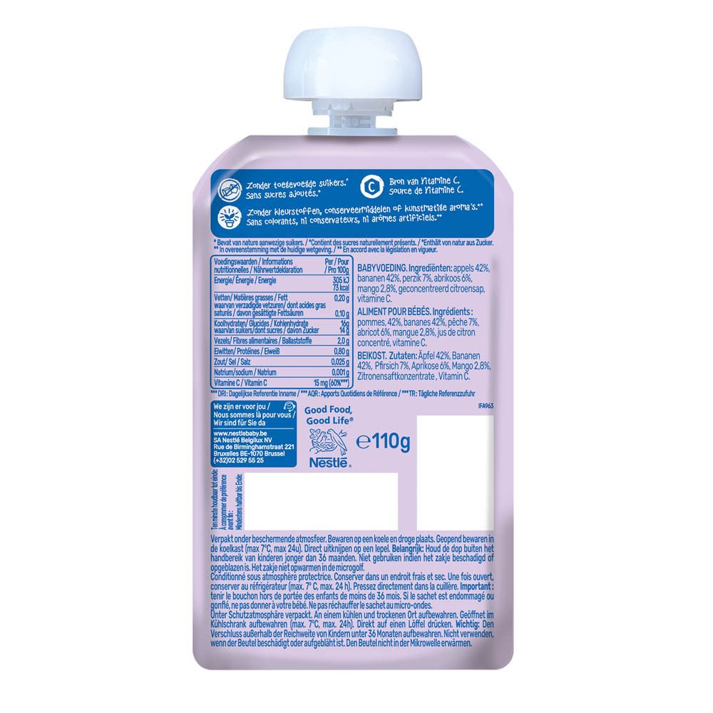 Dos du sachet Nestlé Fiesta Fruits. Contient des informations nutritionnelles et une liste d'ingrédients. Avec bouchon à vis.