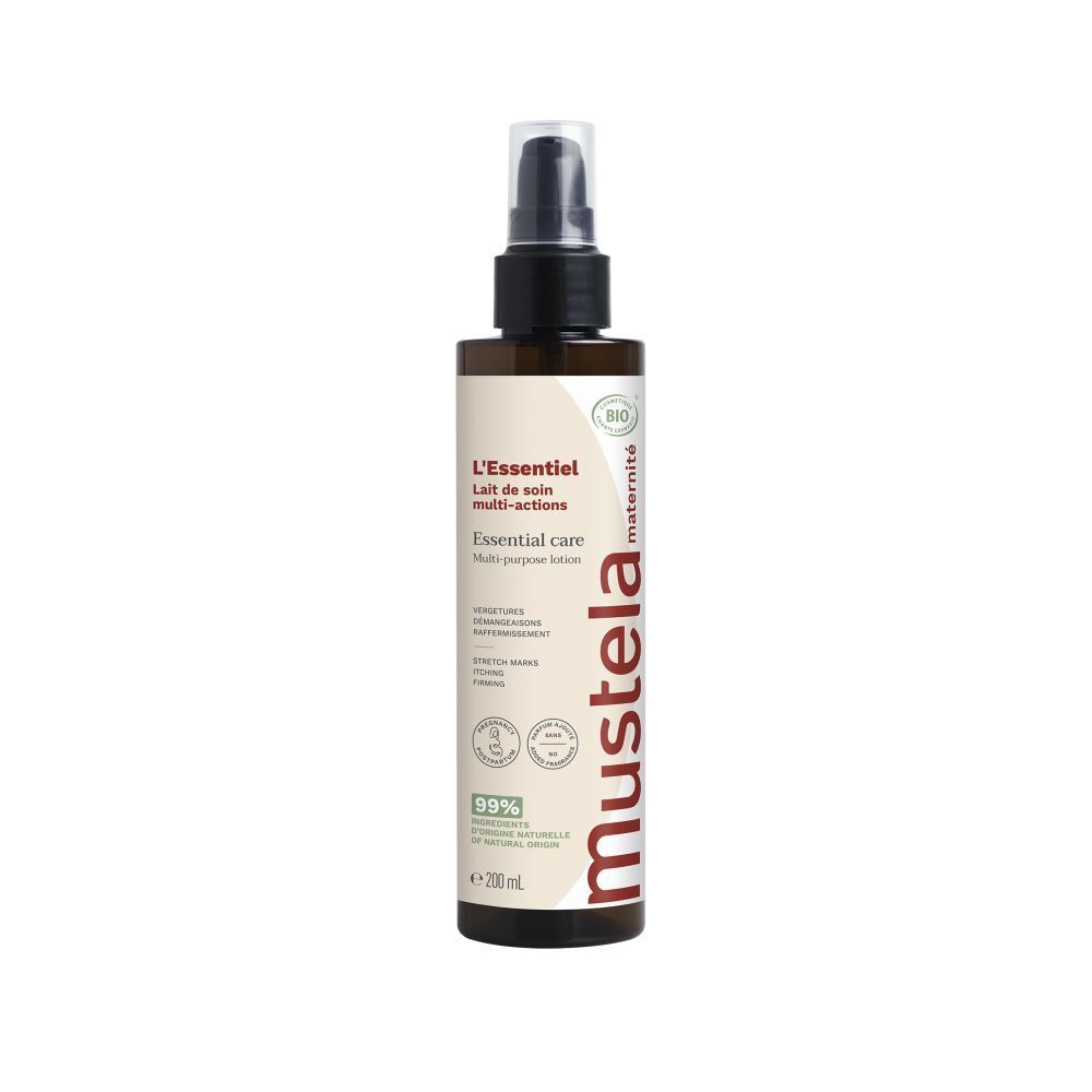 Bruine fles met verstuiver. Opschrift: L'Essentiel, Essential care, Mustela. Bio-certificering.