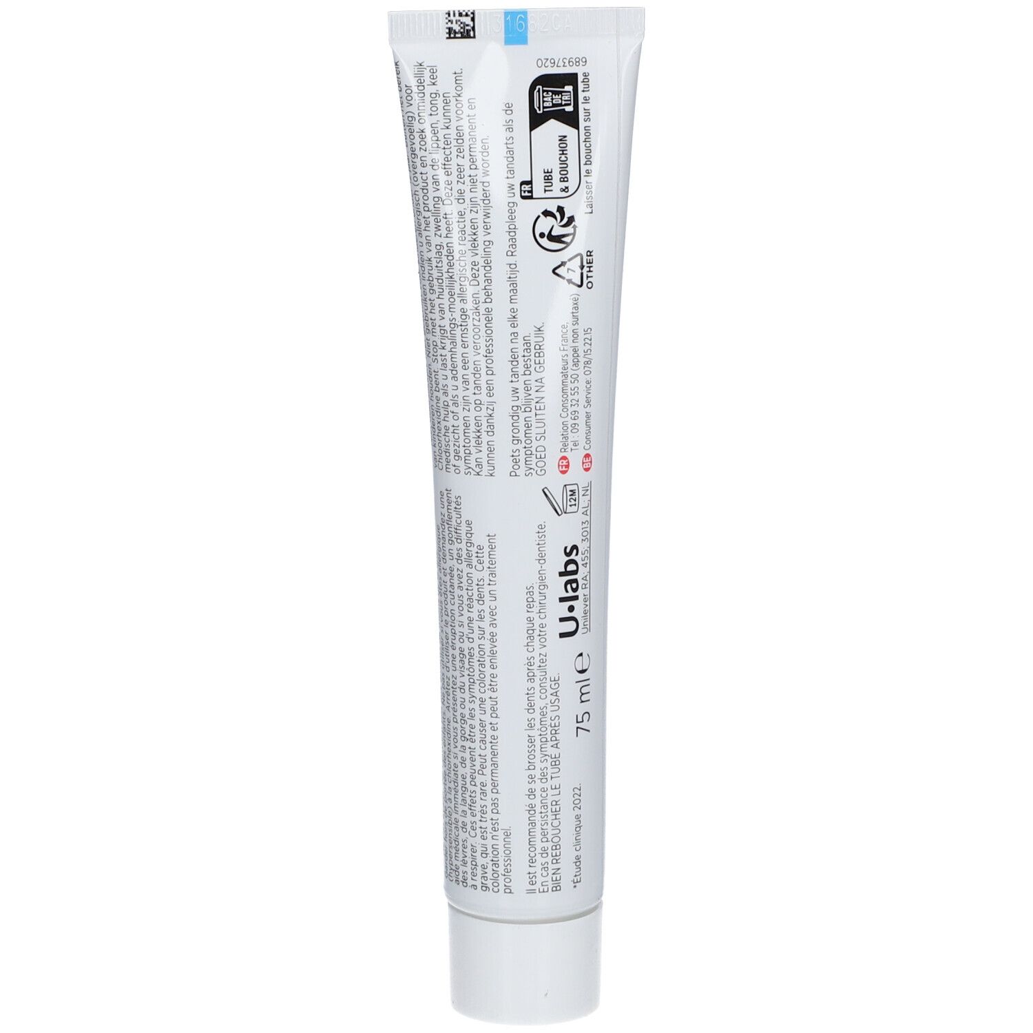 Dos d'un tube de dentifrice. Texte multilingue. U-labs, 75 ml. Tube & Recycler.