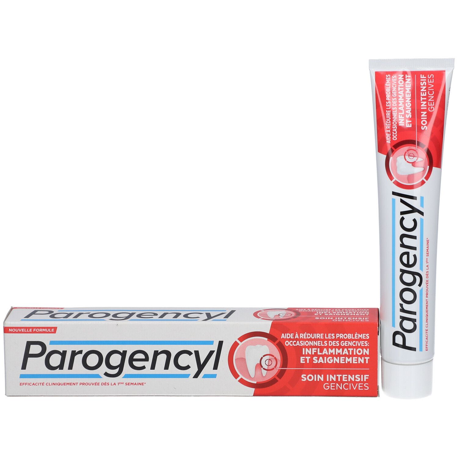 Tube et boîte de dentifrice. Inscription: Parogencyl, Soin Intensif gencives. Design rouge et blanc.