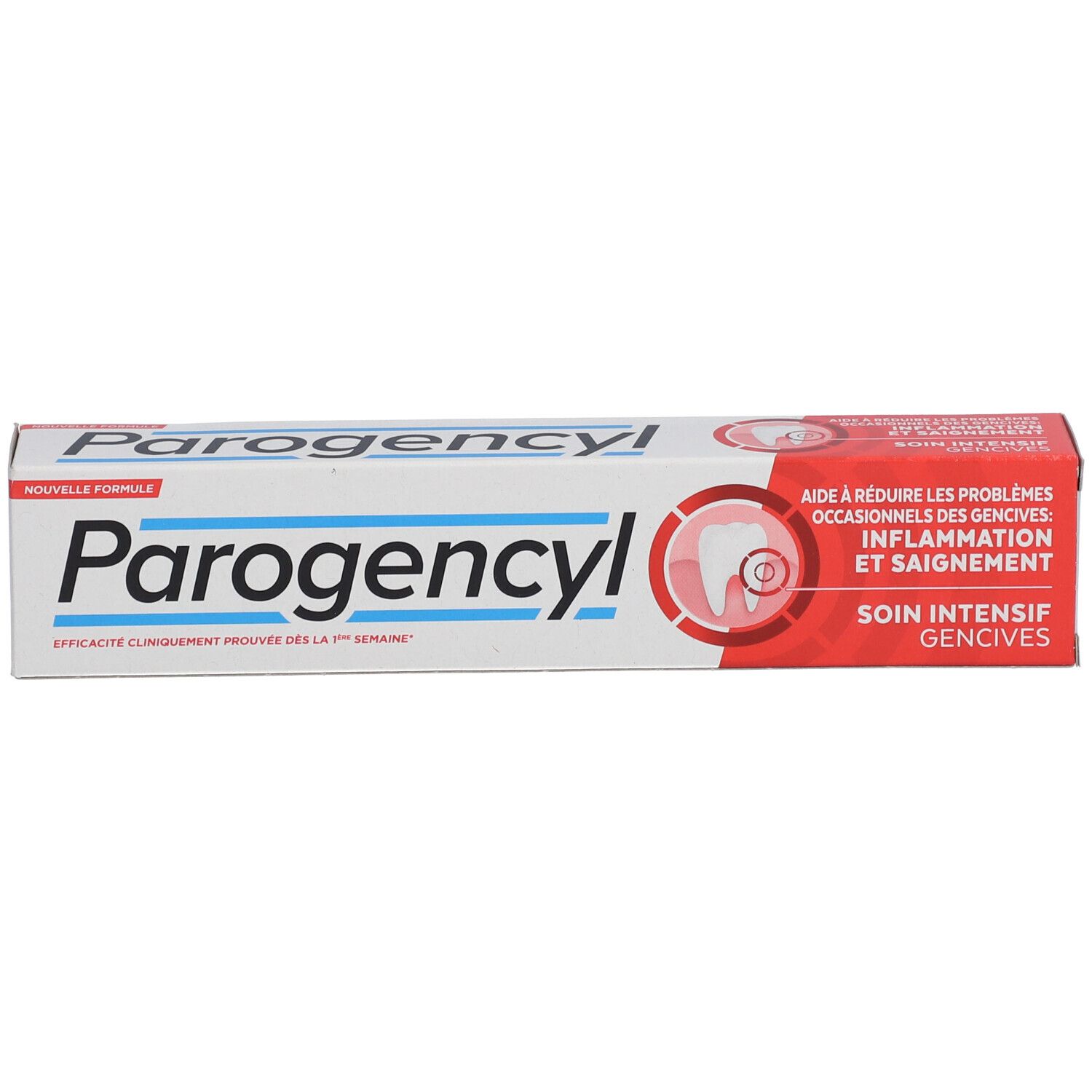 Boîte de dentifrice. Inscription: Parogencyl, Soin Intensif gencives. Design rouge et blanc.