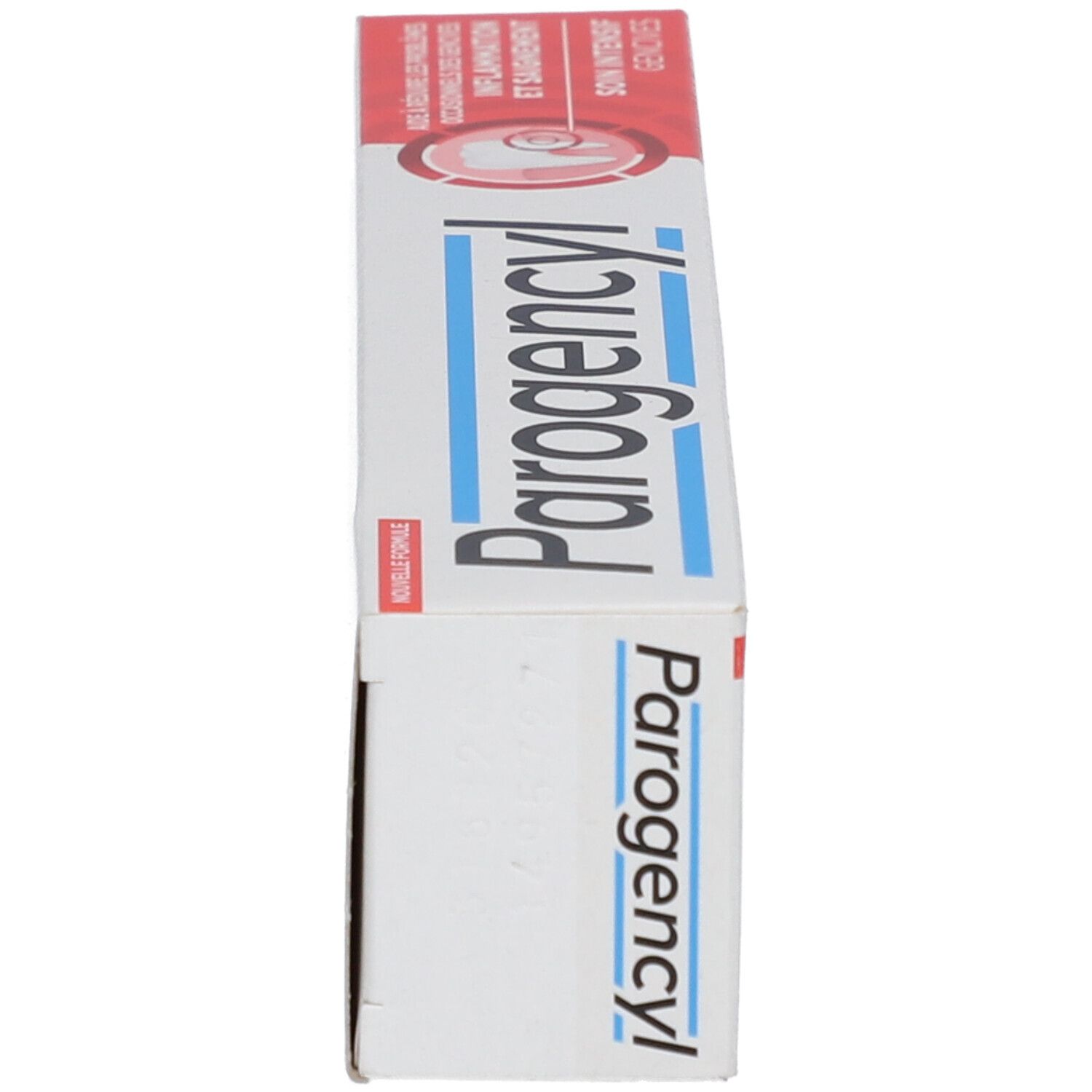 Boîte de dentifrice, vue latérale. Inscription: Parogencyl.