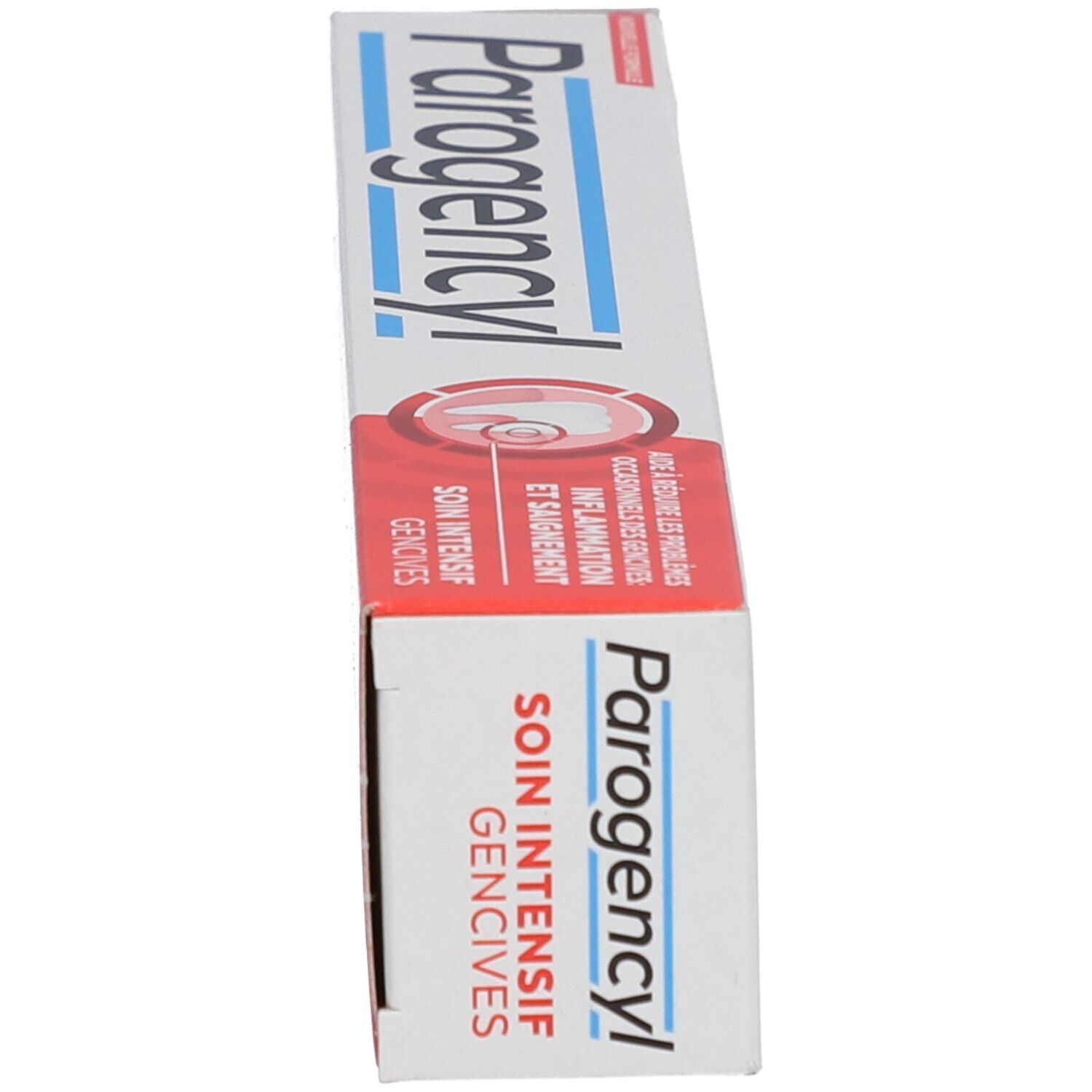 Boîte de dentifrice, vue latérale. Inscription: Parogencyl, Soin Intensif gencives.
