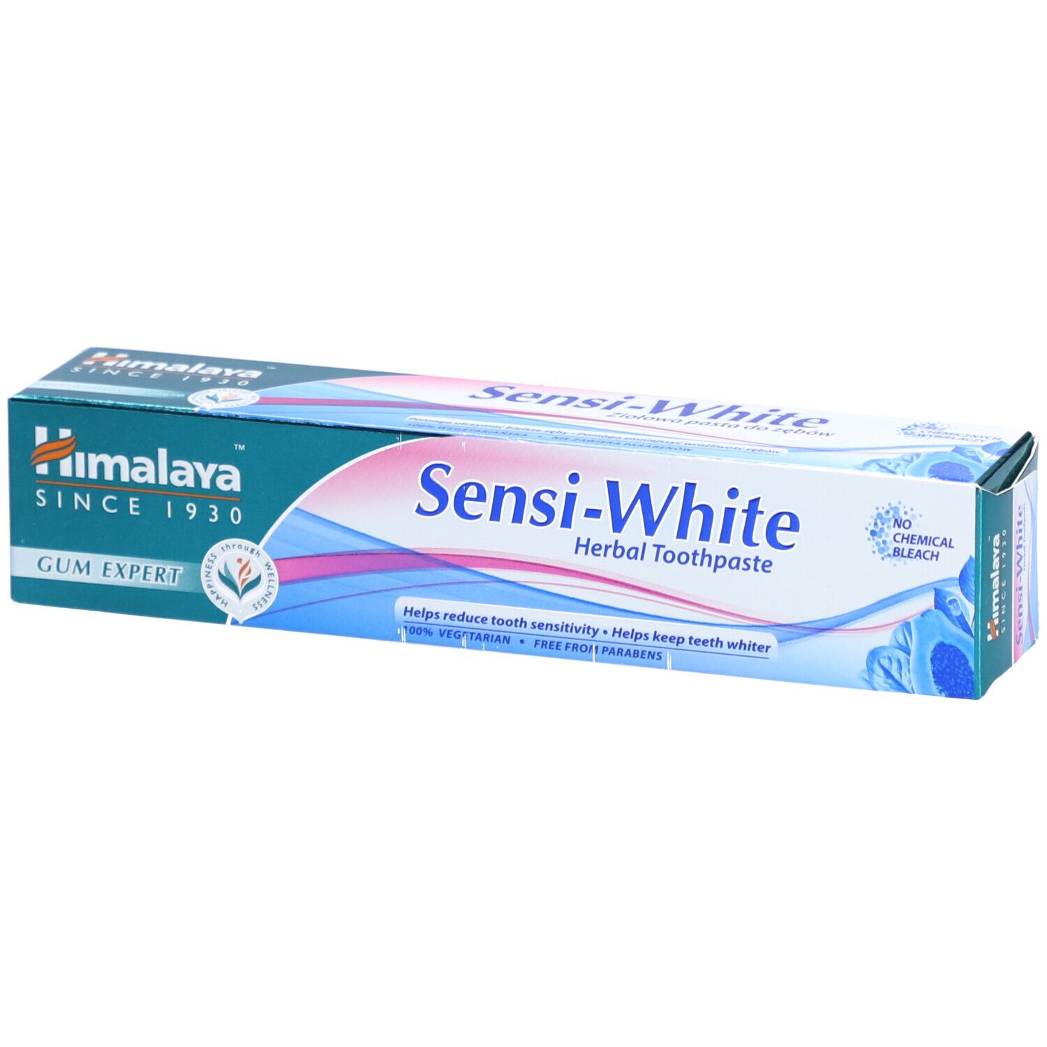Emballage de dentifrice. Inscription : Himalaya, Sensi-White Herbal Toothpaste. Sans agent de blanchiment chimique.