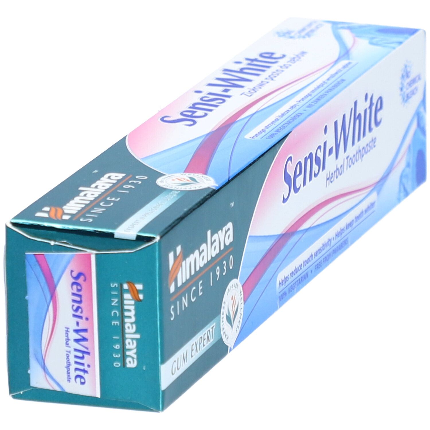 Emballage de dentifrice. Inscription : Himalaya, Sensi-White Herbal Toothpaste. Vue de dessus.