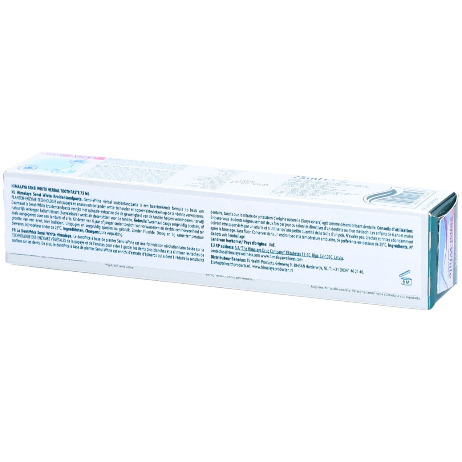 Dos de l'emballage de dentifrice. Texte multilingue. Contient des informations sur le produit.