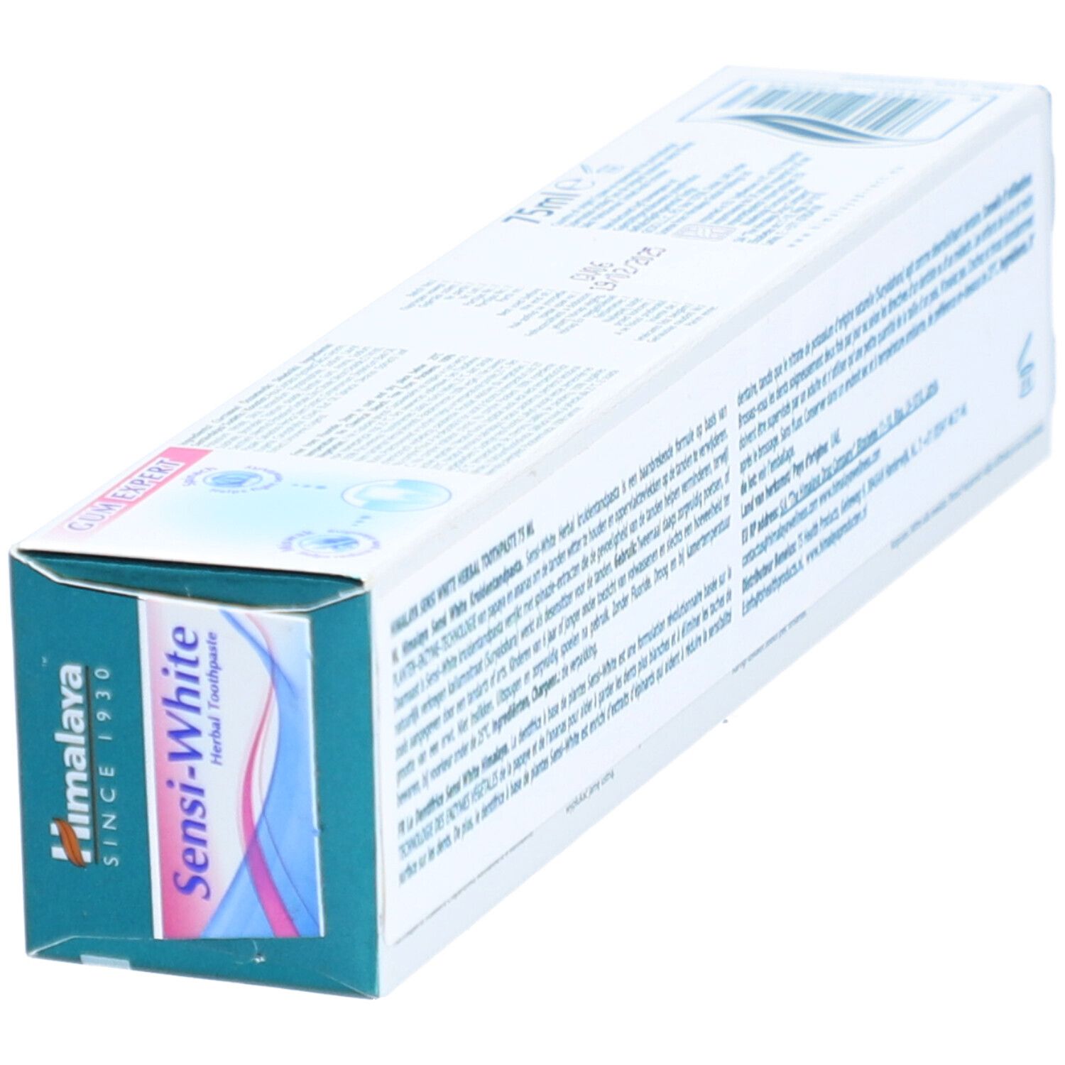 Emballage de dentifrice. Inscription : Himalaya, Sensi-White Herbal Toothpaste. Vue de dessus.