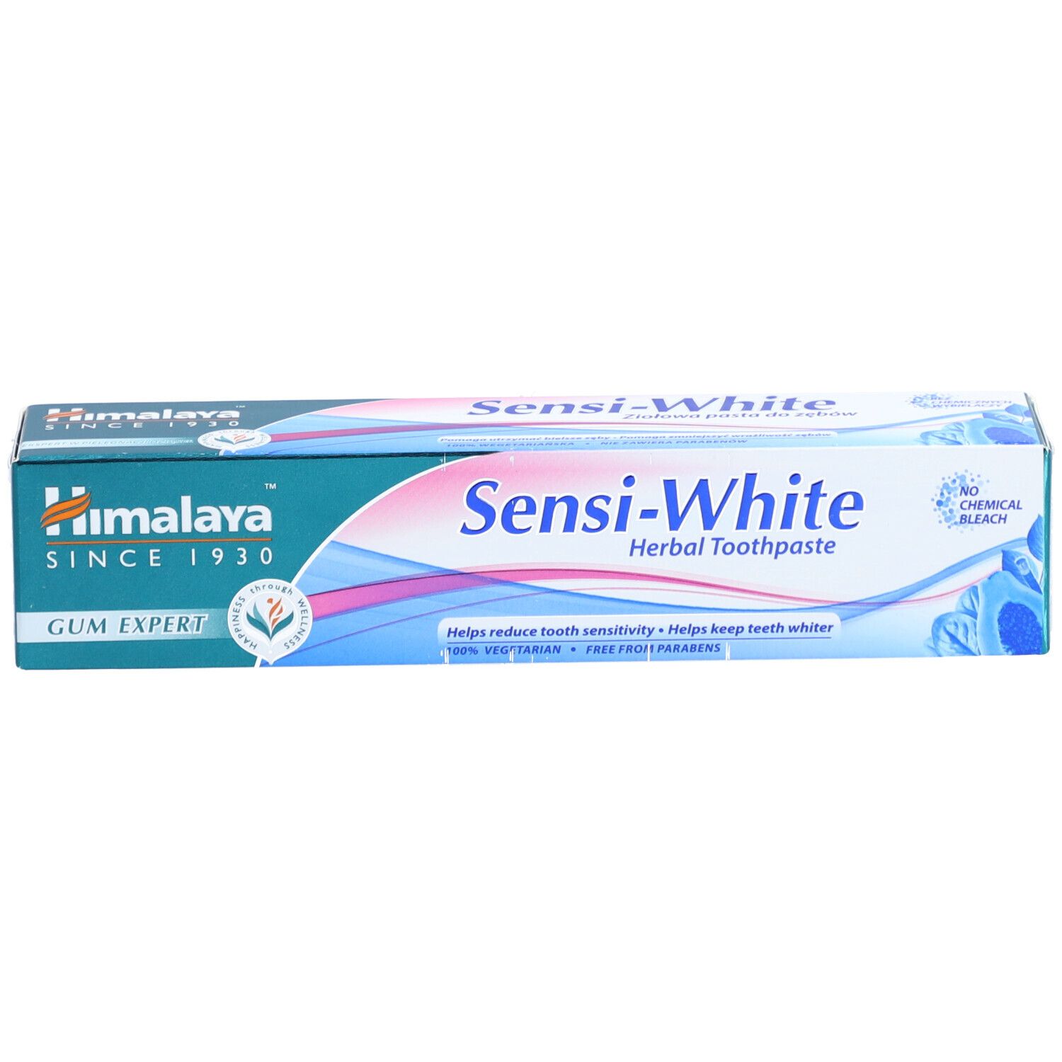 Emballage de dentifrice. Inscription : Himalaya, Sensi-White Herbal Toothpaste. Sans agent de blanchiment chimique.